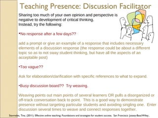 Teaching Presence: Discussion Facilitator
Sharing too much of your own opinion and perspective is
negative to development of critical thinking.
Instead, try the following:
No response after a few days??
add a prompt or give an example of a response that includes necessary
elements of a discussion response (the response could be about a different
topic so as to not sway student thinking, but have all the aspects of an
acceptable post)
•Too vague??
Ask for elaboration/clarification with specific references to what to expand.
•Busy discussion board?? Try weaving.
Weaving points out main points of several learners OR pulls a disorganized or
off-track conversation back to point. This is a good way to demonstrate
presence without targeting particular students and avoiding singling one. Enter
discussion several times to weave and connect responses together.
Stavredes, Tina. (2011). Effective online teaching: Foundations and strategies for student success. San Francisco: Jossey-Bass/Wiley .

 