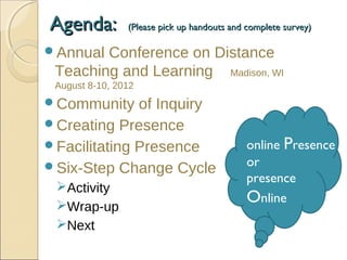 Agenda:

(Please pick up handouts and complete survey)

Annual

Conference on Distance
Teaching and Learning Madison, WI
August 8-10, 2012

Community

of Inquiry
Creating Presence
Facilitating Presence
Six-Step Change Cycle
Activity
Wrap-up
Next

online Presence
or
presence
Online

 