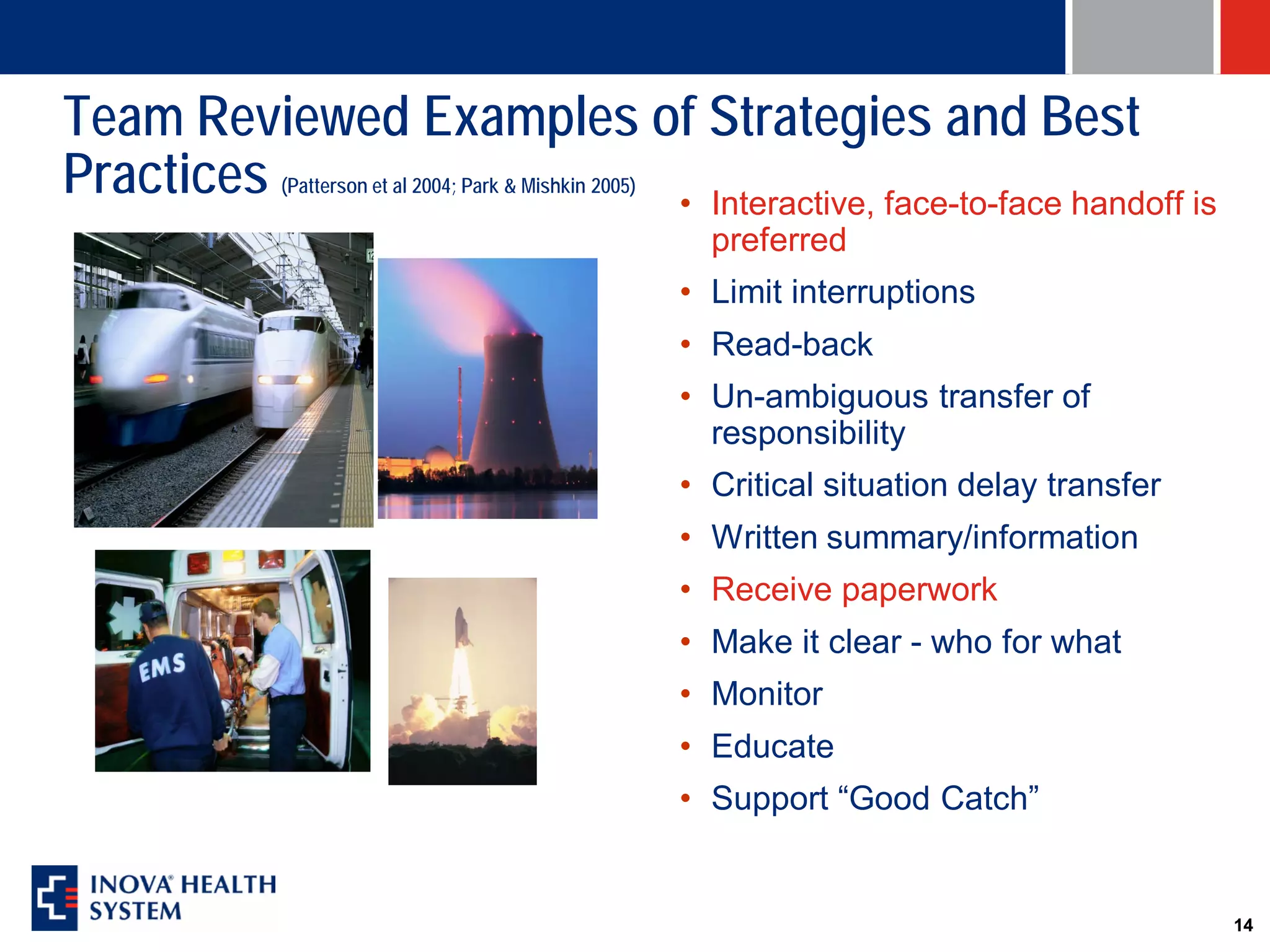 Team Reviewed Examples of Strategies and Best
Practices  (Patterson et al 2004; Park & Mishkin 2005)
                        • Interactive, face-to-face handoff is
                                                           preferred
                                                         • Limit interruptions
                                                         • Read-back
                                                         • Un-ambiguous transfer of
                                                           responsibility
                                                         • Critical situation delay transfer
                                                         • Written summary/information
                                                         • Receive paperwork
                                                         • Make it clear - who for what
                                                         • Monitor
                                                         • Educate
                                                         • Support “Good Catch”


                                                                                               14
 