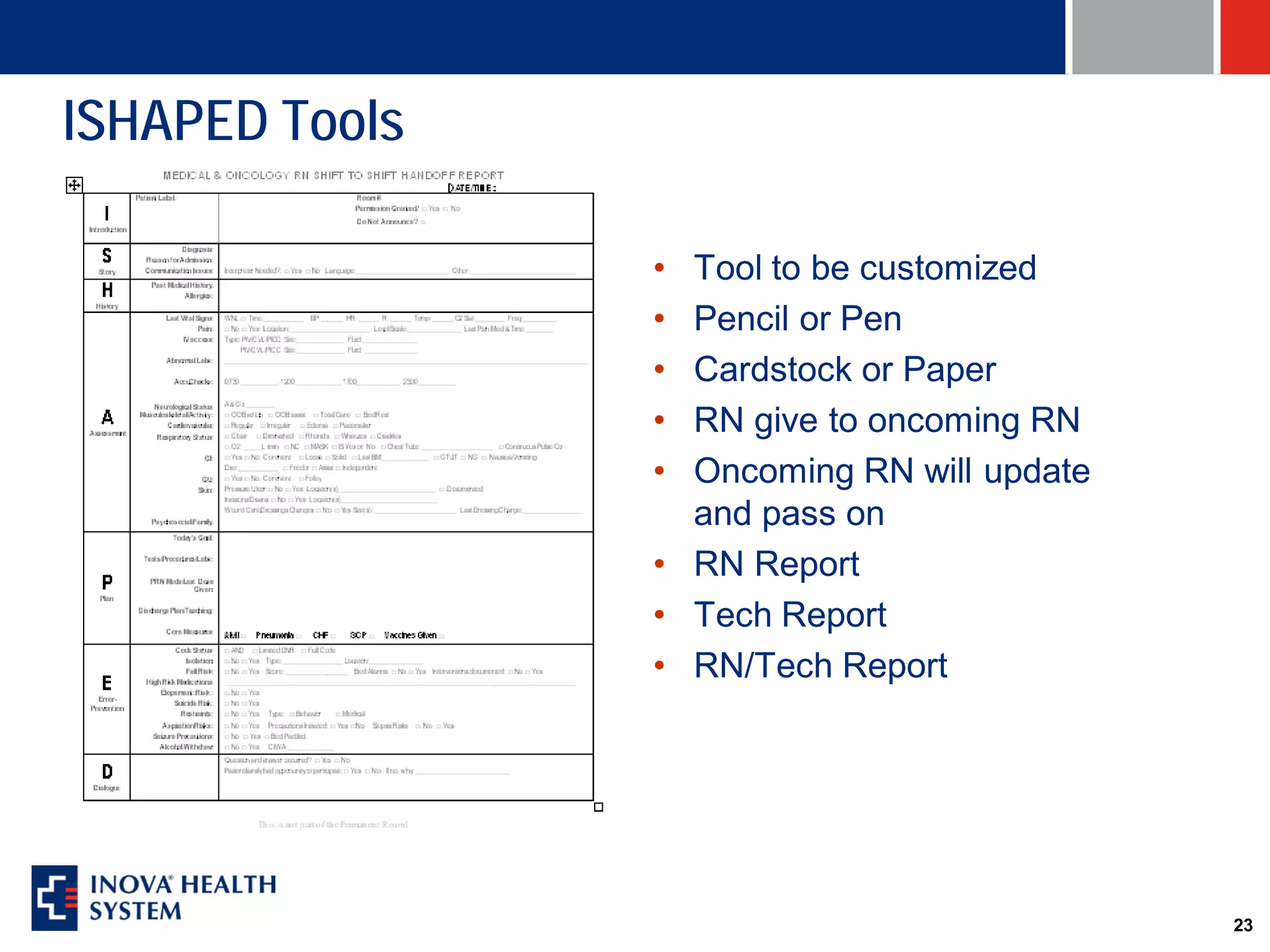 ISHAPED Tools

                • Tool to be customized
                • Pencil or Pen
                • Cardstock or Paper
                • RN give to oncoming RN
                • Oncoming RN will update
                  and pass on
                • RN Report
                • Tech Report
                • RN/Tech Report




                                            23
 