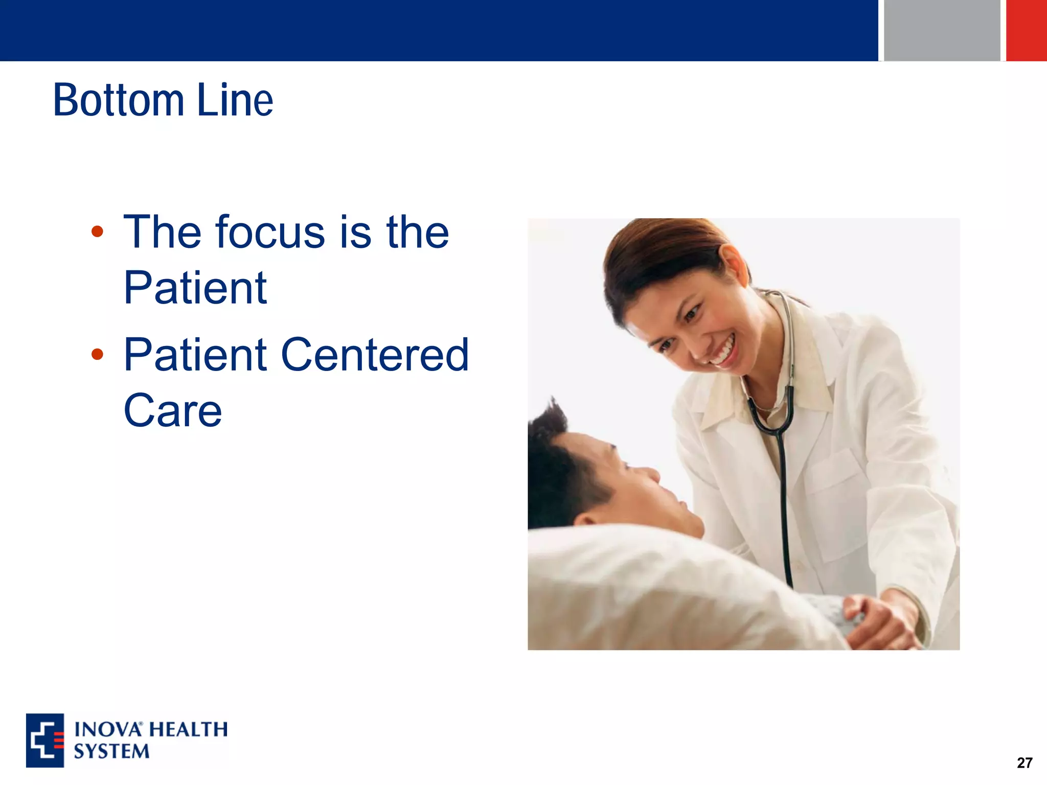 Bottom Line

 • The focus is the
   Patient
 • Patient Centered
   Care




                      27
 