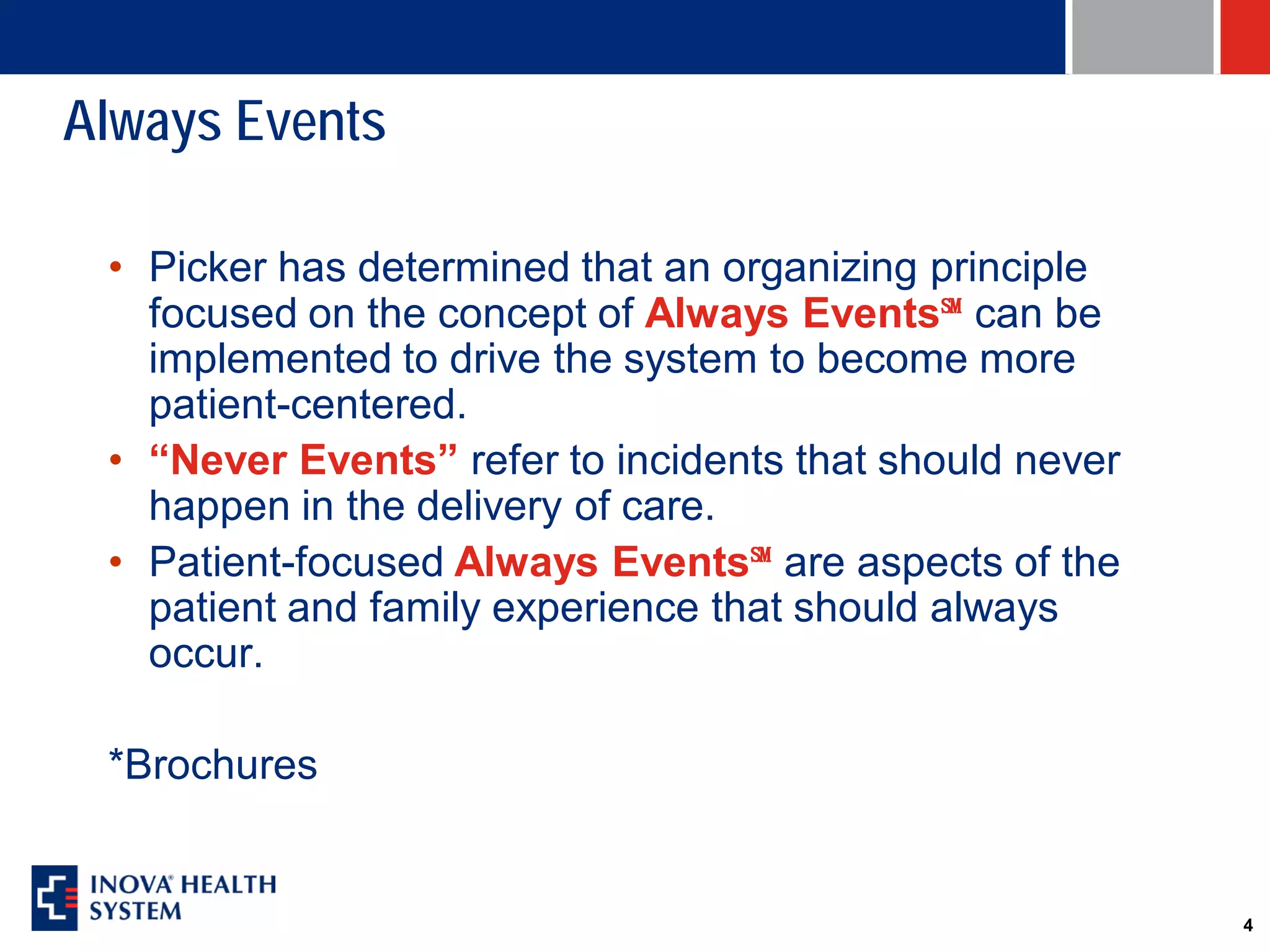 Always Events

 • Picker has determined that an organizing principle
   focused on the concept of Always Events℠ can be
   implemented to drive the system to become more
   patient-centered.
 • “Never Events” refer to incidents that should never
   happen in the delivery of care.
 • Patient-focused Always Events℠ are aspects of the
   patient and family experience that should always
   occur.

 *Brochures


                                                         4
 