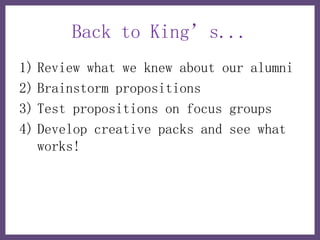 Back to King’s...
1) Review what we knew about our alumni
2) Brainstorm propositions
3) Test propositions on focus groups
4) Develop creative packs and see what
   works!
 