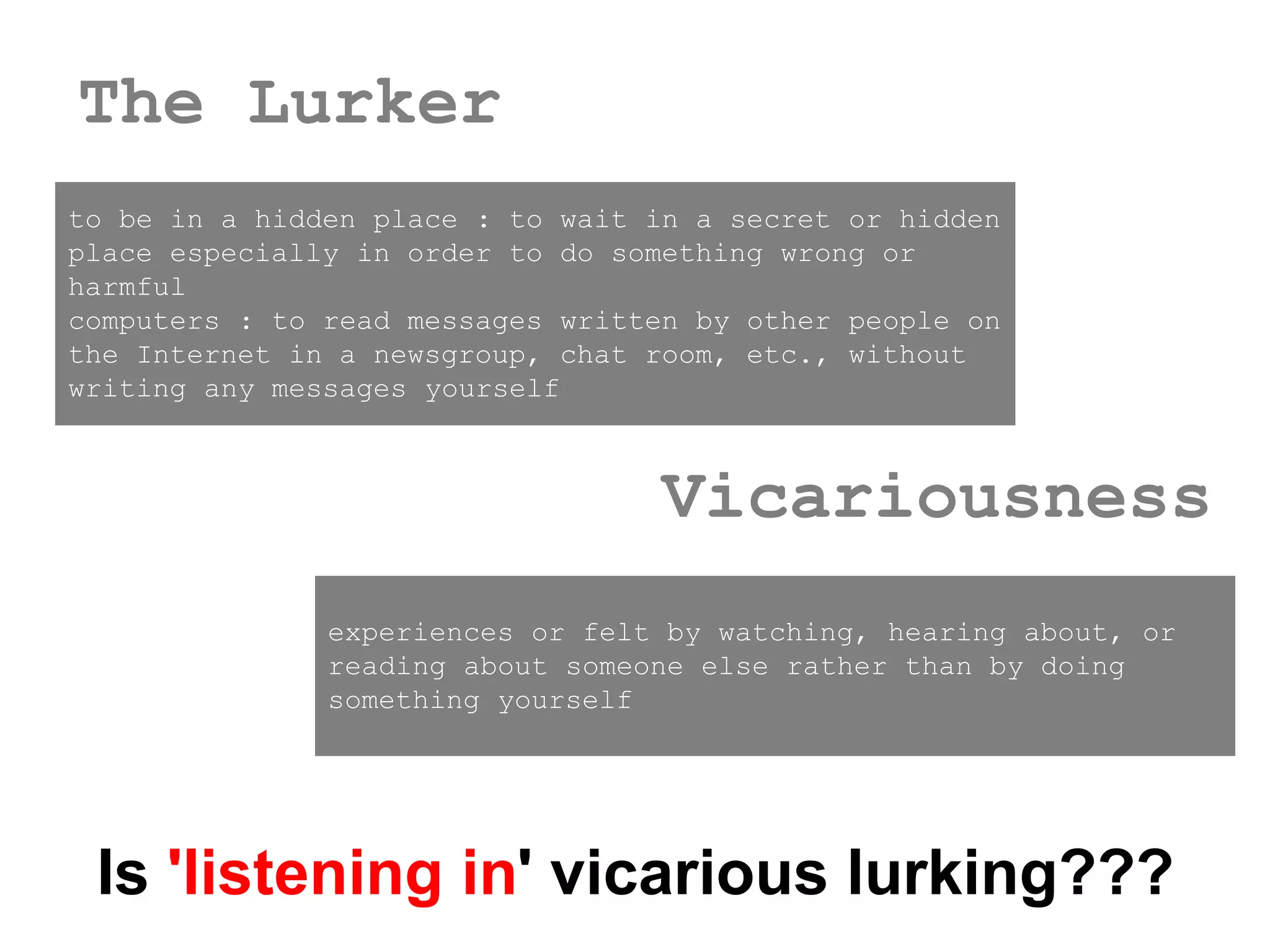 The Lurker
to be in a hidden place : to wait in a secret or hidden
place especially in order to do something wrong or
harmful
computers : to read messages written by other people on
the Internet in a newsgroup, chat room, etc., without
writing any messages yourself
Vicariousness
experiences or felt by watching, hearing about, or
reading about someone else rather than by doing
something yourself
Is 'listening in' vicarious lurking???
 