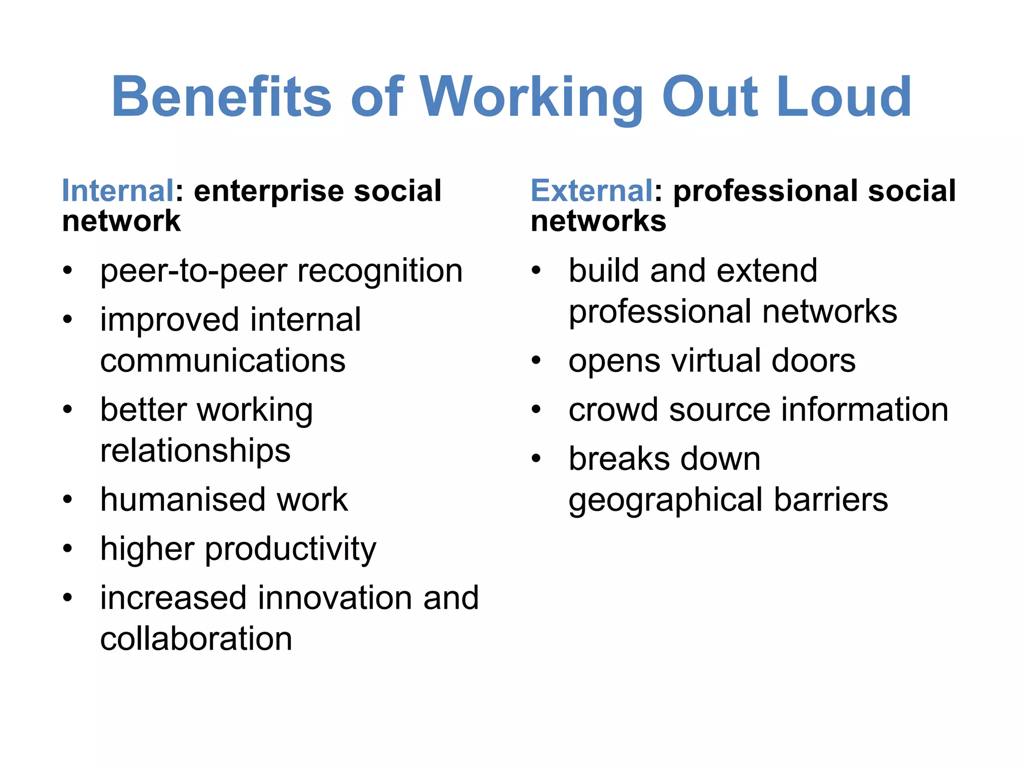 Benefits of Working Out Loud
Internal: enterprise social
network
• peer-to-peer recognition
• improved internal
communications
• better working
relationships
• humanised work
• higher productivity
• increased innovation and
collaboration
External: professional social
networks
• build and extend
professional networks
• opens virtual doors
• crowd source information
• breaks down
geographical barriers
 