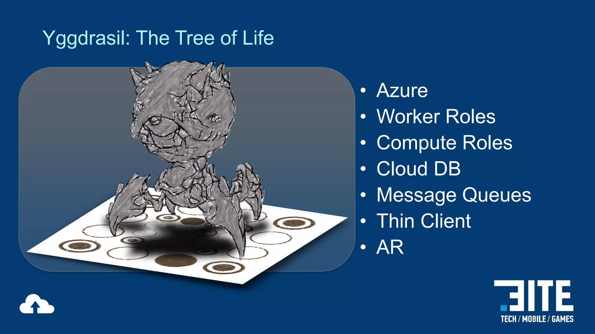 Yggdrasil: The Tree of Life
•
•
•
•
•
•
•

Azure
Worker Roles
Compute Roles
Cloud DB
Message Queues
Thin Client
AR

 