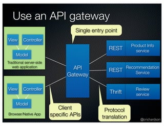 @crichardson 
Use an API gateway 
View Controller 
Model 
Product Info 
service 
Recommendation 
Service 
Review 
service 
REST 
REST 
Thrift 
API 
Gateway 
View Controller 
Model 
Browser/Native App 
Single entry point 
Client 
specific APIs 
Protocol 
translation 
Traditional server-side 
web application 
 