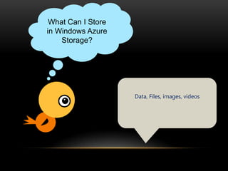 What Can I Store
in Windows Azure
    Storage?




                    Data, Files, images, videos
 