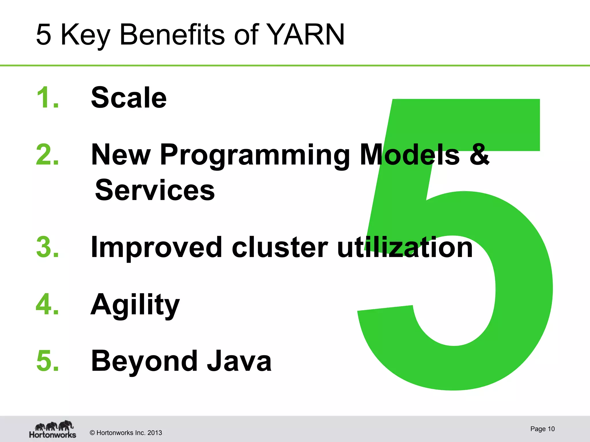 © Hortonworks Inc. 2013
5
5 Key Benefits of YARN
1.  Scale
2.  New Programming Models &
Services
3.  Improved cluster utilization
4.  Agility
5.  Beyond Java
Page 10
 