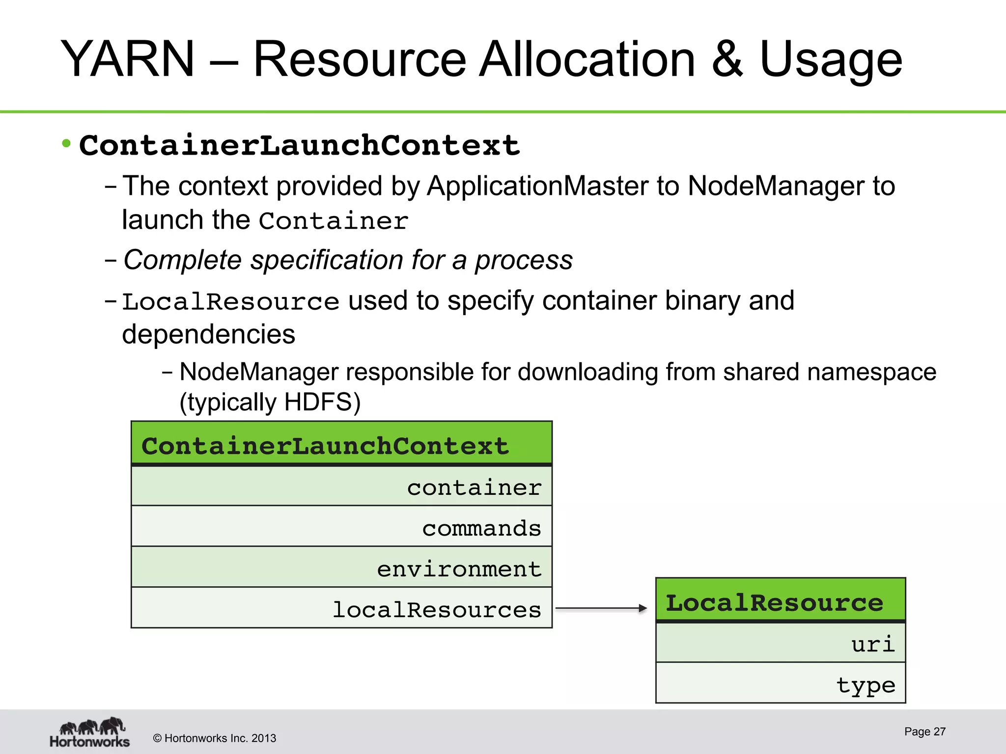 © Hortonworks Inc. 2013
YARN – Resource Allocation & Usage!
• ContainerLaunchContext!
– The context provided by ApplicationMaster to NodeManager to
launch the Container!
– Complete specification for a process
– LocalResource used to specify container binary and
dependencies
– NodeManager responsible for downloading from shared namespace
(typically HDFS)
Page 27
ContainerLaunchContext!
container!
commands!
environment!
localResources! LocalResource!
uri!
type!
 