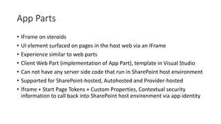 App Parts 
• IFrame on steroids 
• UI element surfaced on pages in the host web via an IFrame 
• Experience similar to web parts 
• Client Web Part (implementation of App Part), template in Visual Studio 
• Can not have any server side code that run in SharePoint host environment 
• Supported for SharePoint-hosted, Autohosted and Provider-hosted 
• Iframe + Start Page Tokens + Custom Properties, Contextual security 
information to call back into SharePoint host environment via app identity 
 
