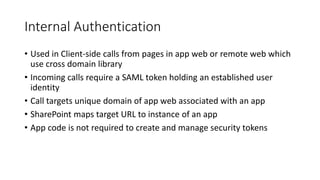 Internal Authentication 
• Used in Client-side calls from pages in app web or remote web which 
use cross domain library 
• Incoming calls require a SAML token holding an established user 
identity 
• Call targets unique domain of app web associated with an app 
• SharePoint maps target URL to instance of an app 
• App code is not required to create and manage security tokens 
 
