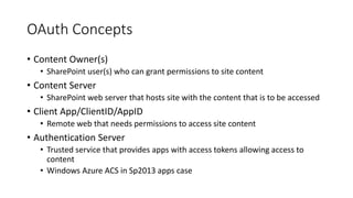 OAuth Concepts 
• Content Owner(s) 
• SharePoint user(s) who can grant permissions to site content 
• Content Server 
• SharePoint web server that hosts site with the content that is to be accessed 
• Client App/ClientID/AppID 
• Remote web that needs permissions to access site content 
• Authentication Server 
• Trusted service that provides apps with access tokens allowing access to 
content 
• Windows Azure ACS in Sp2013 apps case 
 