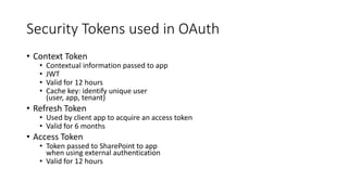 Security Tokens used in OAuth 
• Context Token 
• Contextual information passed to app 
• JWT 
• Valid for 12 hours 
• Cache key: identify unique user 
(user, app, tenant) 
• Refresh Token 
• Used by client app to acquire an access token 
• Valid for 6 months 
• Access Token 
• Token passed to SharePoint to app 
when using external authentication 
• Valid for 12 hours 
 