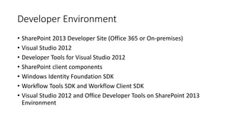 Developer Environment 
• SharePoint 2013 Developer Site (Office 365 or On-premises) 
• Visual Studio 2012 
• Developer Tools for Visual Studio 2012 
• SharePoint client components 
• Windows Identity Foundation SDK 
• Workflow Tools SDK and Workflow Client SDK 
• Visual Studio 2012 and Office Developer Tools on SharePoint 2013 
Environment 
 
