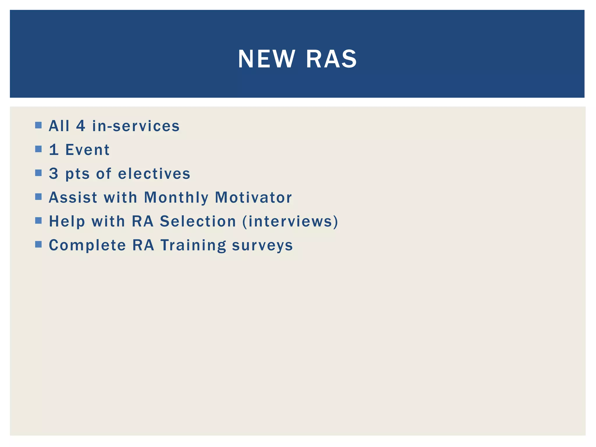 NEW RAS

   All 4 in-services
   1 Event
   3 pts of electives
   Assist with Monthly Motivator
   Help with RA Selection (interviews)
   Complete RA Training surveys
 