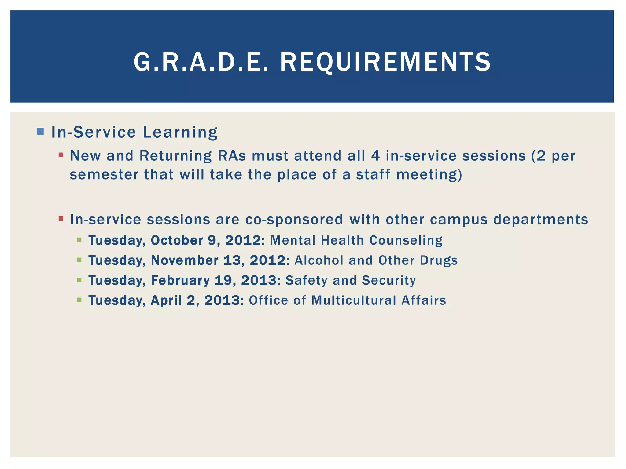 G.R.A.D.E. REQUIREMENTS

 In-Service Learning
   New and Returning RAs must attend all 4 in-service sessions (2 per
    semester that will take the place of a staff meeting)

   In-service sessions are co-sponsored with other campus departments
       Tuesday,   October 9, 2012: Mental Health Counseling
       Tuesday,   November 13, 2012: Alcohol and Other Drugs
       Tuesday,   February 19, 2013: Safety and Security
       Tuesday,   April 2, 2013: Office of Multicultural Affairs
 