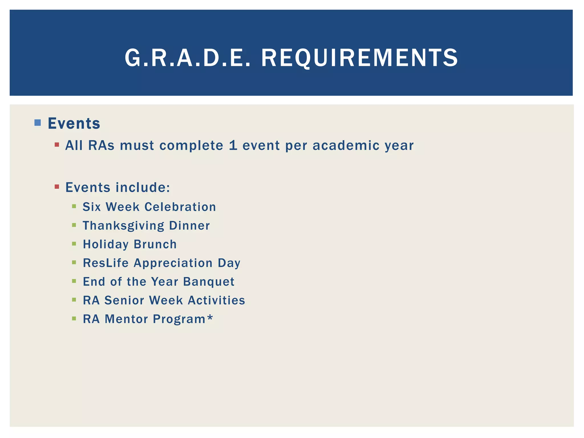G.R.A.D.E. REQUIREMENTS

 Events
   All RAs must complete 1 event per academic year

   Events include:
       Six Week Celebration
       Thanksgiving Dinner
       Holiday Brunch
       ResLife Appreciation Day
       End of the Year Banquet
       RA Senior Week Activities
       RA Mentor Program*
 