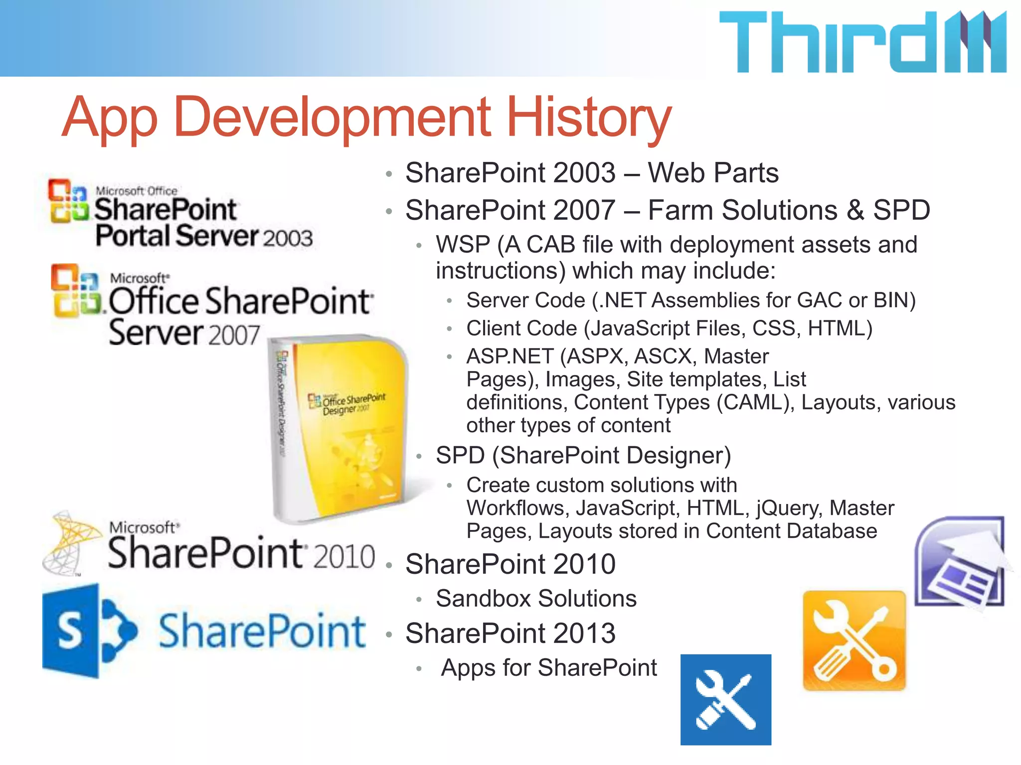App Development History
            • SharePoint 2003 – Web Parts
            • SharePoint 2007 – Farm Solutions & SPD
               • WSP (A CAB file with deployment assets and
                 instructions) which may include:
                 • Server Code (.NET Assemblies for GAC or BIN)
                 • Client Code (JavaScript Files, CSS, HTML)
                 • ASP.NET (ASPX, ASCX, Master
                   Pages), Images, Site templates, List
                   definitions, Content Types (CAML), Layouts, various
                   other types of content
              • SPD (SharePoint Designer)
                 • Create custom solutions with
                   Workflows, JavaScript, HTML, jQuery, Master
                   Pages, Layouts stored in Content Database
            • SharePoint 2010
               • Sandbox Solutions
            • SharePoint 2013
               • Apps for SharePoint
 