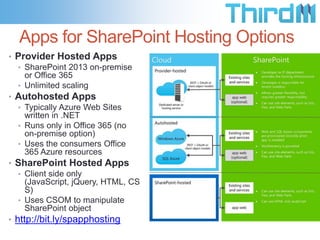 Apps for SharePoint Hosting Options
• Provider Hosted Apps
   • SharePoint 2013 on-premise
     or Office 365
   • Unlimited scaling
• Autohosted Apps
   • Typically Azure Web Sites
     written in .NET
   • Runs only in Office 365 (no
     on-premise option)
   • Uses the consumers Office
     365 Azure resources
• SharePoint Hosted Apps
   • Client side only
     (JavaScript, jQuery, HTML, CS
     S)
   • Uses CSOM to manipulate
     SharePoint object
• http://bit.ly/spapphosting
 