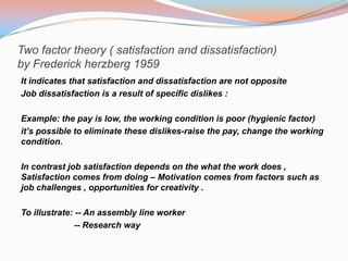 Two factor theory ( satisfaction and dissatisfaction)
by Frederick herzberg 1959
It indicates that satisfaction and dissatisfaction are not opposite
Job dissatisfaction is a result of specific dislikes :

Example: the pay is low, the working condition is poor (hygienic factor)
it’s possible to eliminate these dislikes-raise the pay, change the working
condition.

In contrast job satisfaction depends on the what the work does ,
Satisfaction comes from doing – Motivation comes from factors such as
job challenges , opportunities for creativity .

To illustrate: -- An assembly line worker
               -- Research way
 