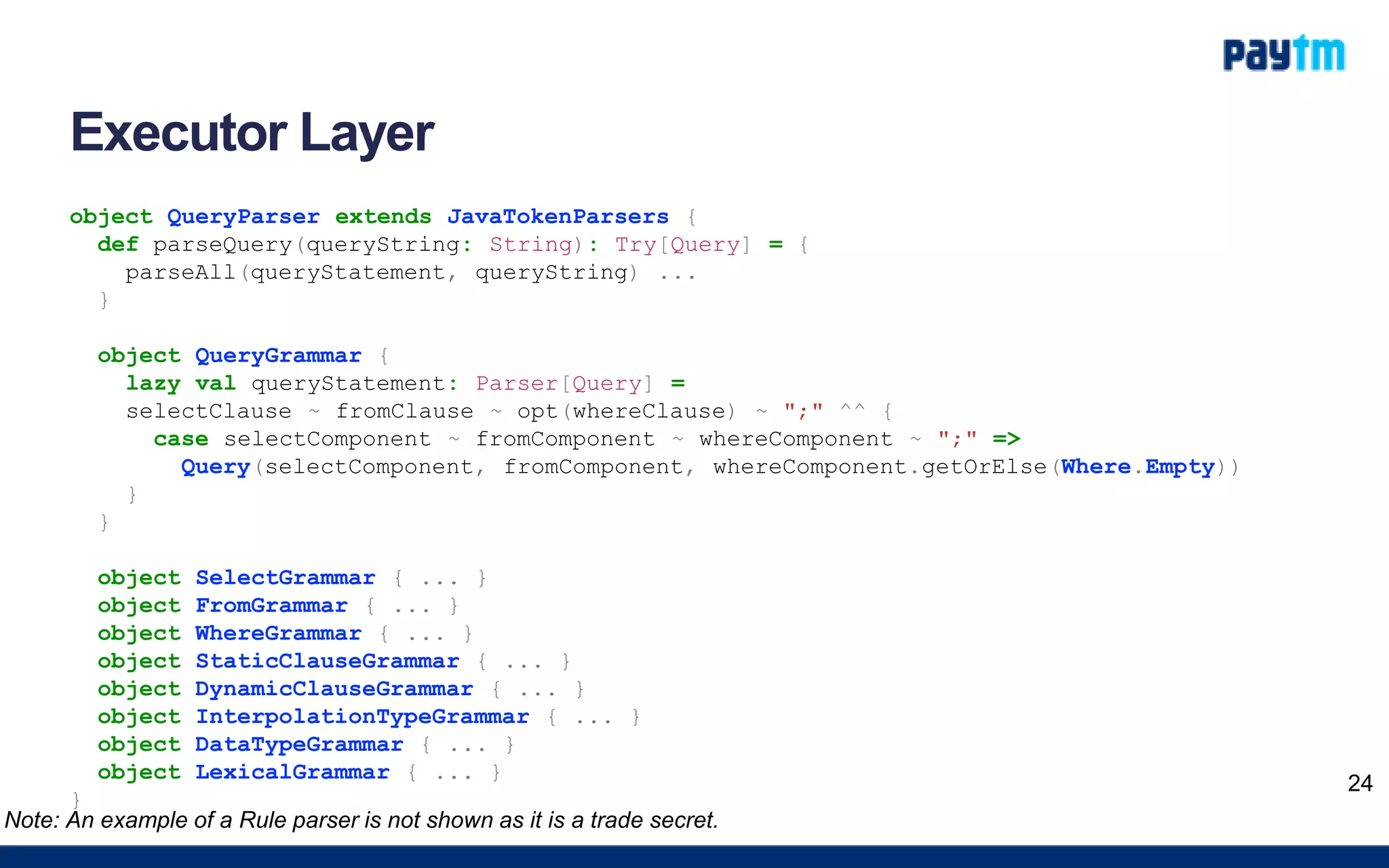 Executor Layer
object QueryParser extends JavaTokenParsers {
def parseQuery(queryString: String): Try[Query] = {
parseAll(queryStatement, queryString) ...
}
object QueryGrammar {
lazy val queryStatement: Parser[Query] =
selectClause ~ fromClause ~ opt(whereClause) ~ ";" ^^ {
case selectComponent ~ fromComponent ~ whereComponent ~ ";" =>
Query(selectComponent, fromComponent, whereComponent.getOrElse(Where.Empty))
}
}
object SelectGrammar { ... }
object FromGrammar { ... }
object WhereGrammar { ... }
object StaticClauseGrammar { ... }
object DynamicClauseGrammar { ... }
object InterpolationTypeGrammar { ... }
object DataTypeGrammar { ... }
object LexicalGrammar { ... }
}
24
Note: An example of a Rule parser is not shown as it is a trade secret.
 