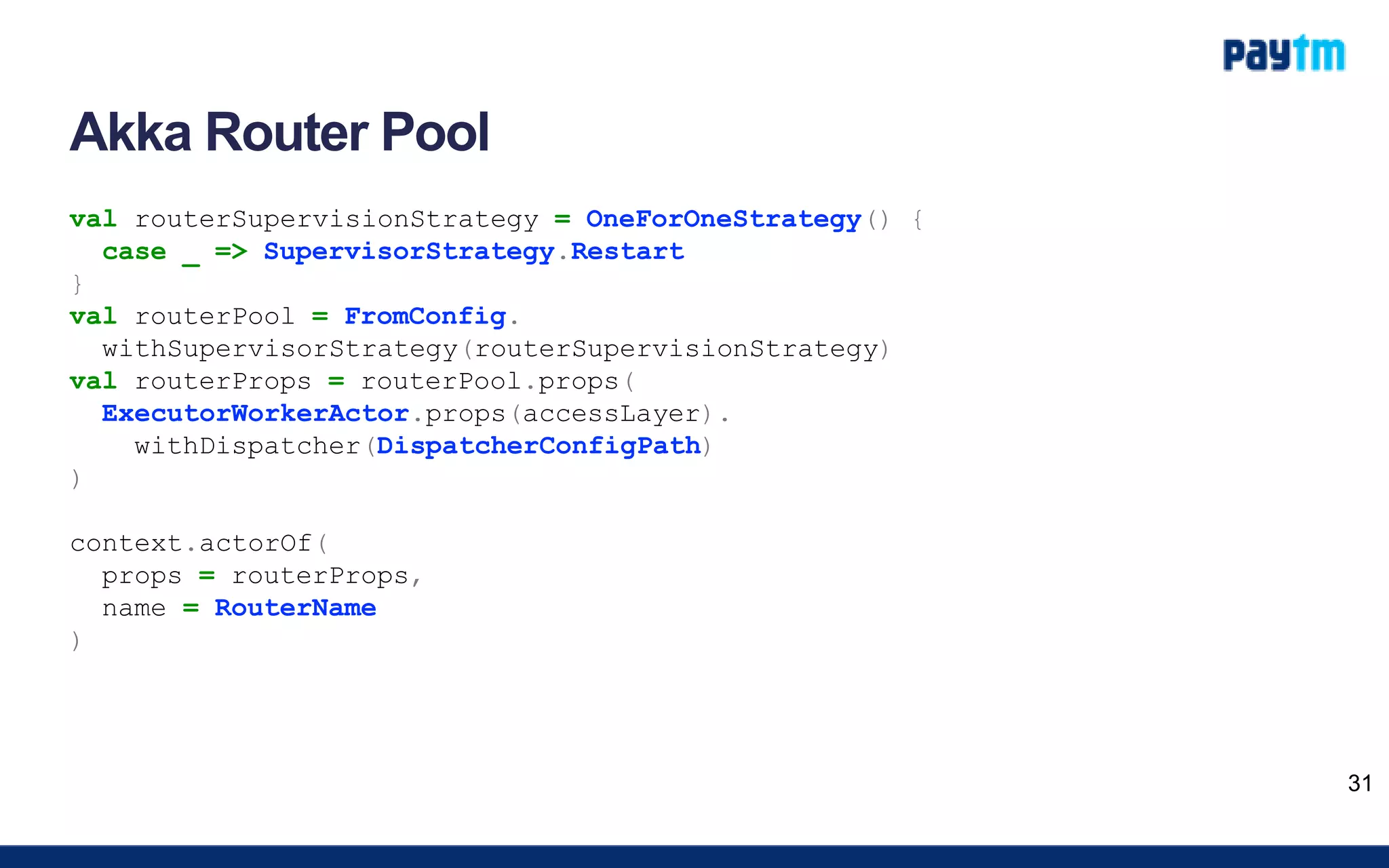 Akka Router Pool
val routerSupervisionStrategy = OneForOneStrategy() {
case _ => SupervisorStrategy.Restart
}
val routerPool = FromConfig.
withSupervisorStrategy(routerSupervisionStrategy)
val routerProps = routerPool.props(
ExecutorWorkerActor.props(accessLayer).
withDispatcher(DispatcherConfigPath)
)
context.actorOf(
props = routerProps,
name = RouterName
)
31
 