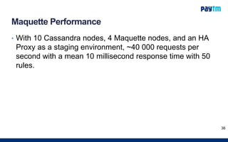Maquette Performance
• With 10 Cassandra nodes, 4 Maquette nodes, and an HA
Proxy as a staging environment, ~40 000 requests per
second with a mean 10 millisecond response time with 50
rules.
36
 