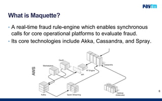 What is Maquette?
• A real-time fraud rule-engine which enables synchronous
calls for core operational platforms to evaluate fraud.
• Its core technologies include Akka, Cassandra, and Spray.
6
 