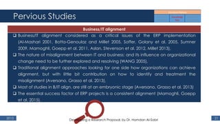 Pervious Studies
2015 21
Business/IT alignment
 Business/IT alignment considered as a critical issues of the ERP implementation
(Al‐Mashari 2001, Botta-Genoulaz and Millet 2005, Soffer, Golany et al. 2005, Sumner
2009, Mamoghli, Goepp et al. 2011, Aslan, Stevenson et al. 2012, Millet 2013),
 The nature of misalignment between IT and business; and its influence on organizational
change need to be further explored and resolving (WANG 2005),
 Traditional alignment approaches looking for one side how organizations can achieve
alignment, but with little bit contribution on how to identify and treatment the
misalignment (Aversano, Grasso et al. 2013),
 Most of studies in B/IT align. are still at an embryonic stage (Aversano, Grasso et al. 2013)
 The essential success factor of ERP projects is a consistent alignment (Mamoghli, Goepp
et al. 2015).
Developing a Research Proposal, by Dr. Hamdan Al-Sabri
 
