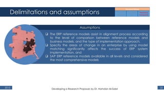 Delimitations and assumptions
2015 32
Assumptions
 The ERP reference models assist in alignment process according
to the level of comparison between reference models and
business models, and the type of implementation approach,
 Specify the areas of change in an enterprise by using model
matching significantly affects the success of ERP system
implementation, and
 SAP ERP reference models available in all levels and considered
the most comprehensive models
Developing a Research Proposal, by Dr. Hamdan Al-Sabri
 