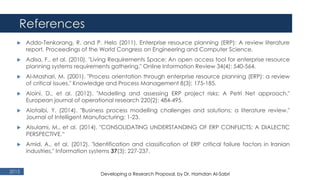 References
2015
 Addo-Tenkorang, R. and P. Helo (2011). Enterprise resource planning (ERP): A review literature
report. Proceedings of the World Congress on Engineering and Computer Science.
 Adisa, F., et al. (2010). "Living Requirements Space: An open access tool for enterprise resource
planning systems requirements gathering." Online Information Review 34(4): 540-564.
 Al‐Mashari, M. (2001). "Process orientation through enterprise resource planning (ERP): a review
of critical issues." Knowledge and Process Management 8(3): 175-185.
 Aloini, D., et al. (2012). "Modelling and assessing ERP project risks: A Petri Net approach."
European journal of operational research 220(2): 484-495.
 Alotaibi, Y. (2014). "Business process modelling challenges and solutions: a literature review."
Journal of Intelligent Manufacturing: 1-23.
 Alsulami, M., et al. (2014). "CONSOLIDATING UNDERSTANDING OF ERP CONFLICTS: A DIALECTIC
PERSPECTIVE.“
 Amid, A., et al. (2012). "Identification and classification of ERP critical failure factors in Iranian
industries." Information systems 37(3): 227-237.
Developing a Research Proposal, by Dr. Hamdan Al-Sabri
 