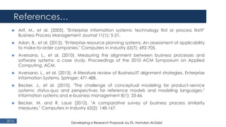 References…
2015
 Arif, M., et al. (2005). "Enterprise information systems: technology first or process first?"
Business Process Management Journal 11(1): 5-21.
 Aslan, B., et al. (2012). "Enterprise resource planning systems: An assessment of applicability
to make-to-order companies." Computers in Industry 63(7): 692-705.
 Aversano, L., et al. (2010). Measuring the alignment between business processes and
software systems: a case study. Proceedings of the 2010 ACM Symposium on Applied
Computing, ACM.
 Aversano, L., et al. (2013). A literature review of Business/IT alignment strategies. Enterprise
Information Systems, Springer: 471-488.
 Becker, J., et al. (2010). "The challenge of conceptual modeling for product–service
systems: status-quo and perspectives for reference models and modeling languages."
Information systems and e-business management 8(1): 33-66.
 Becker, M. and R. Laue (2012). "A comparative survey of business process similarity
measures." Computers in Industry 63(2): 148-167.
Developing a Research Proposal, by Dr. Hamdan Al-Sabri
 