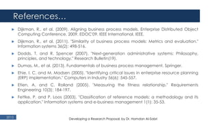 References…
2015
 Dijkman, R., et al. (2009). Aligning business process models. Enterprise Distributed Object
Computing Conference, 2009. EDOC'09. IEEE International, IEEE.
 Dijkman, R., et al. (2011). "Similarity of business process models: Metrics and evaluation."
Information systems 36(2): 498-516.
 Dodds, T. and R. Spencer (2007). "Next-generation administrative systems: Philosophy,
principles, and technology." Research Bulletin(19).
 Dumas, M., et al. (2013). Fundamentals of business process management, Springer.
 Ehie, I. C. and M. Madsen (2005). "Identifying critical issues in enterprise resource planning
(ERP) implementation." Computers in Industry 56(6): 545-557.
 Etien, A. and C. Rolland (2005). "Measuring the fitness relationship." Requirements
Engineering 10(3): 184-197.
 Fettke, P. and P. Loos (2003). "Classification of reference models: a methodology and its
application." Information systems and e-business management 1(1): 35-53.
Developing a Research Proposal, by Dr. Hamdan Al-Sabri
 