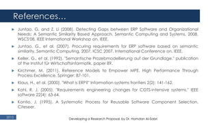 References…
2015
 Juntao, G. and Z. Li (2008). Detecting Gaps between ERP Software and Organizational
Needs: A Semantic Similarity Based Approach. Semantic Computing and Systems, 2008.
WSCS'08. IEEE International Workshop on, IEEE.
 Juntao, G., et al. (2007). Procuring requirements for ERP software based on semantic
similarity. Semantic Computing, 2007. ICSC 2007. International Conference on, IEEE.
 Keller, G., et al. (1992). "Semantische Prozebmodellierung auf der Grundlage." publication
of the Institut für Wirtschaftsinformatik, paper 89.
 Kirchmer, M. (2011). Reference Models to Empower MPE. High Performance Through
Process Excellence, Springer: 87-101.
 Klaus, H., et al. (2000). "What is ERP?" Information systems frontiers 2(2): 141-162.
 Kohl, R. J. (2005). "Requirements engineering changes for COTS-intensive systems." IEEE
software 22(4): 63-64.
 Kontio, J. (1995). A Systematic Process for Reusable Software Component Selection,
Citeseer.
Developing a Research Proposal, by Dr. Hamdan Al-Sabri
 