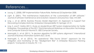 References…
2015
 Leung, C. (2008). ERP Implementation Failure Rate. Retrieved 25 September 2008.
 Light, B. (2001). "The maintenance implications of the customization of ERP software."
Journal of software maintenance and evolution: research and practice 13(6): 415-429.
 Ling, J., et al. (2014). Business Process Model Alignment: An Approach to Support Fast
Discovering Complex Matches. Enterprise Interoperability VI, Springer: 41-51.
 Ling, S. and P. HaiXia (2011). Study on Model-Driven ERP System Implementation for Textile
Enterprises. Proceedings of the 2011 Third International Workshop on Education Technology
and Computer Science-Volume 01, IEEE Computer Society.
 Mamoghli, S., et al. (2011). "A decision algorithm for ERP systems alignment." International
Journal of Business Information Systems 8(1): 23-45.
 Mamoghli, S., et al. (2015). "An operational “Risk Factor Driven” approach for the
mitigation and monitoring of the “Misalignment Risk” in Enterprise Resource Planning
projects." Computers in Industry 70: 1-12.
Developing a Research Proposal, by Dr. Hamdan Al-Sabri
 