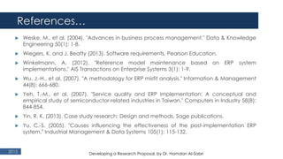 References…
2015
 Weske, M., et al. (2004). "Advances in business process management." Data & Knowledge
Engineering 50(1): 1-8.
 Wiegers, K. and J. Beatty (2013). Software requirements, Pearson Education.
 Winkelmann, A. (2012). "Reference model maintenance based on ERP system
implementations." AIS Transactions on Enterprise Systems 3(1): 1-9.
 Wu, J.-H., et al. (2007). "A methodology for ERP misfit analysis." Information & Management
44(8): 666-680.
 Yeh, T.-M., et al. (2007). "Service quality and ERP implementation: A conceptual and
empirical study of semiconductor-related industries in Taiwan." Computers in Industry 58(8):
844-854.
 Yin, R. K. (2013). Case study research: Design and methods, Sage publications.
 Yu, C.-S. (2005). "Causes influencing the effectiveness of the post-implementation ERP
system." Industrial Management & Data Systems 105(1): 115-132.
Developing a Research Proposal, by Dr. Hamdan Al-Sabri
 