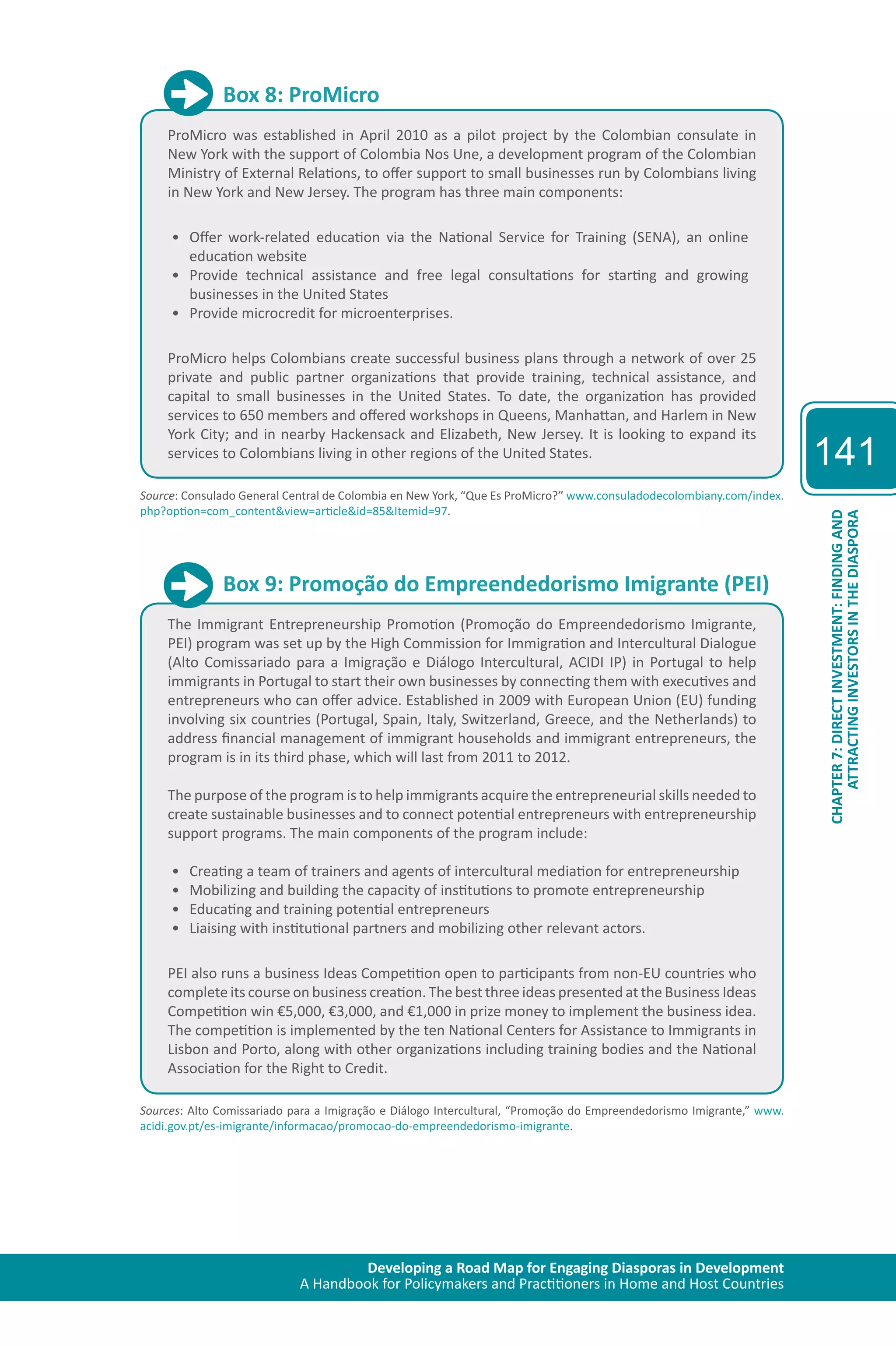 Developing a Road Map for Engaging Diasporas in Development 
A Handbook for Policymakers and Practitioners in Home and Host Countries 
141 
ATTRACTING INVESTORS IN THE DIASPORA 
CHAPTER 7: DIRECT INVESTMENT: FINDING AND 
Box 8: ProMicro 
ProMicro was established in April 2010 as a pilot project by the Colombian consulate in 
New York with the support of Colombia Nos Une, a development program of the Colombian 
Ministry of External Relations, to offer support to small businesses run by Colombians living 
in New York and New Jersey. The program has three main components: 
• Offer work-related education via the National Service for Training (SENA), an online 
education website 
• Provide technical assistance and free legal consultations for starting and growing 
businesses in the United States 
• Provide microcredit for microenterprises. 
ProMicro helps Colombians create successful business plans through a network of over 25 
private and public partner organizations that provide training, technical assistance, and 
capital to small businesses in the United States. To date, the organization has provided 
services to 650 members and offered workshops in Queens, Manhattan, and Harlem in New 
York City; and in nearby Hackensack and Elizabeth, New Jersey. It is looking to expand its 
services to Colombians living in other regions of the United States. 
Source: Consulado General Central de Colombia en New York, “Que Es ProMicro?” www.consuladodecolombiany.com/index. 
php?option=com_content&view=article&id=85&Itemid=97. 
Box 9: Promoção do Empreendedorismo Imigrante (PEI) 
The Immigrant Entrepreneurship Promotion (Promoção do Empreendedorismo Imigrante, 
PEI) program was set up by the High Commission for Immigration and Intercultural Dialogue 
(Alto Comissariado para a Imigração e Diálogo Intercultural, ACIDI IP) in Portugal to help 
immigrants in Portugal to start their own businesses by connecting them with executives and 
entrepreneurs who can offer advice. Established in 2009 with European Union (EU) funding 
involving six countries (Portugal, Spain, Italy, Switzerland, Greece, and the Netherlands) to 
address financial management of immigrant households and immigrant entrepreneurs, the 
program is in its third phase, which will last from 2011 to 2012. 
The purpose of the program is to help immigrants acquire the entrepreneurial skills needed to 
create sustainable businesses and to connect potential entrepreneurs with entrepreneurship 
support programs. The main components of the program include: 
• Creating a team of trainers and agents of intercultural mediation for entrepreneurship 
• Mobilizing and building the capacity of institutions to promote entrepreneurship 
• Educating and training potential entrepreneurs 
• Liaising with institutional partners and mobilizing other relevant actors. 
PEI also runs a business Ideas Competition open to participants from non-EU countries who 
complete its course on business creation. The best three ideas presented at the Business Ideas 
Competition win €5,000, €3,000, and €1,000 in prize money to implement the business idea. 
The competition is implemented by the ten National Centers for Assistance to Immigrants in 
Lisbon and Porto, along with other organizations including training bodies and the National 
Association for the Right to Credit. 
Sources: Alto Comissariado para a Imigração e Diálogo Intercultural, “Promoção do Empreendedorismo Imigrante,” www. 
acidi.gov.pt/es-imigrante/informacao/promocao-do-empreendedorismo-imigrante. 
 