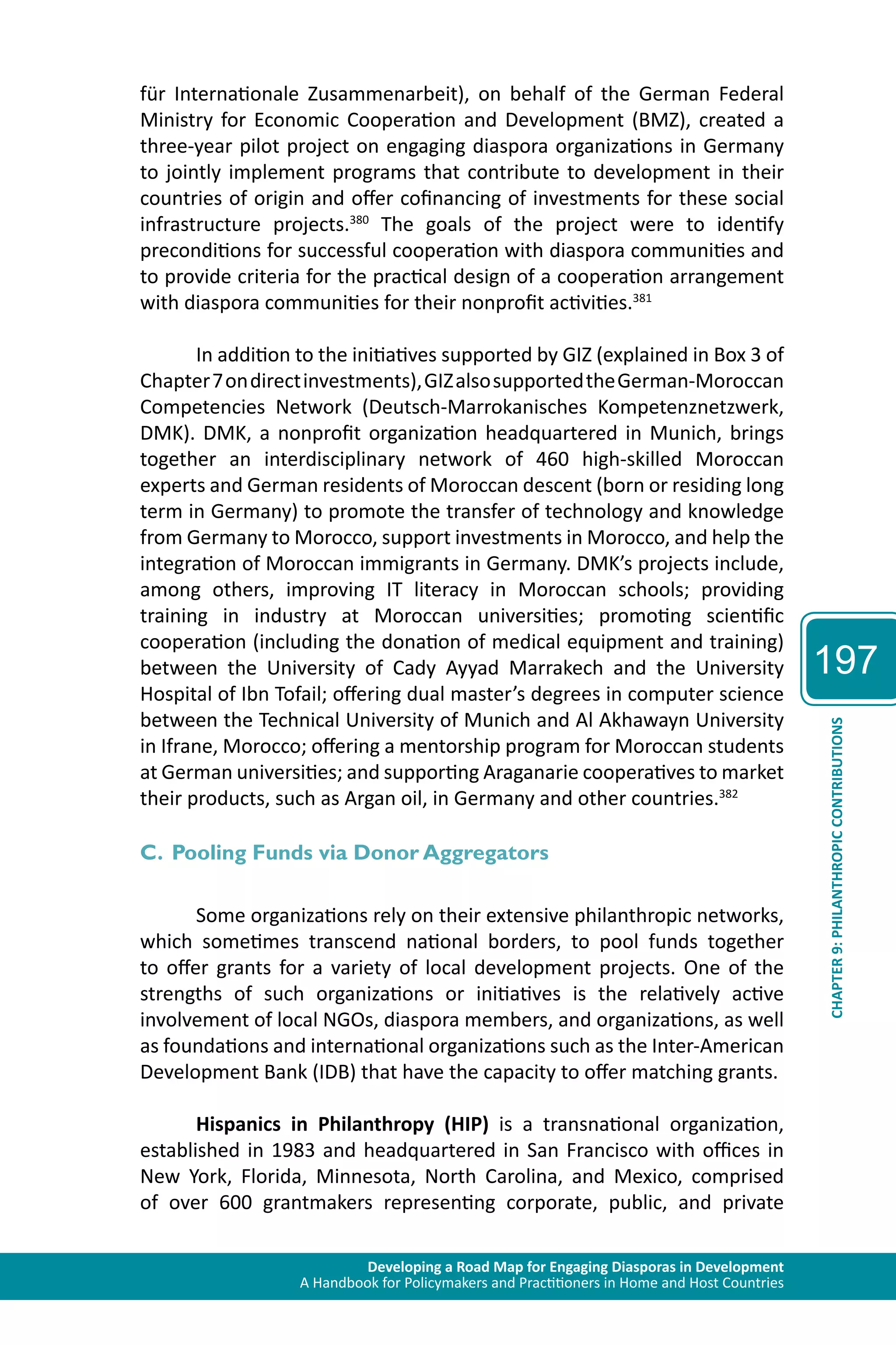 Developing a Road Map for Engaging Diasporas in Development 
A Handbook for Policymakers and Practitioners in Home and Host Countries 
197 
CHAPTER 9: PHILANTHROPIC CONTRIBUTIONS 
für Internationale Zusammenarbeit), on behalf of the German Federal 
Ministry for Economic Cooperation and Development (BMZ), created a 
three-year pilot project on engaging diaspora organizations in Germany 
to jointly implement programs that contribute to development in their 
countries of origin and offer cofinancing of investments for these social 
infrastructure projects.380 The goals of the project were to identify 
preconditions for successful cooperation with diaspora communities and 
to provide criteria for the practical design of a cooperation arrangement 
with diaspora communities for their nonprofit activities.381 
In addition to the initiatives supported by GIZ (explained in Box 3 of 
Chapter 7 on direct investments), GIZ also supported the German-Moroccan 
Competencies Network (Deutsch-Marrokanisches Kompetenznetzwerk, 
DMK). DMK, a nonprofit organization headquartered in Munich, brings 
together an interdisciplinary network of 460 high-skilled Moroccan 
experts and German residents of Moroccan descent (born or residing long 
term in Germany) to promote the transfer of technology and knowledge 
from Germany to Morocco, support investments in Morocco, and help the 
integration of Moroccan immigrants in Germany. DMK’s projects include, 
among others, improving IT literacy in Moroccan schools; providing 
training in industry at Moroccan universities; promoting scientific 
cooperation (including the donation of medical equipment and training) 
between the University of Cady Ayyad Marrakech and the University 
Hospital of Ibn Tofail; offering dual master’s degrees in computer science 
between the Technical University of Munich and Al Akhawayn University 
in Ifrane, Morocco; offering a mentorship program for Moroccan students 
at German universities; and supporting Araganarie cooperatives to market 
their products, such as Argan oil, in Germany and other countries.382 
C. Pooling Funds via Donor Aggregators 
Some organizations rely on their extensive philanthropic networks, 
which sometimes transcend national borders, to pool funds together 
to offer grants for a variety of local development projects. One of the 
strengths of such organizations or initiatives is the relatively active 
involvement of local NGOs, diaspora members, and organizations, as well 
as foundations and international organizations such as the Inter-American 
Development Bank (IDB) that have the capacity to offer matching grants. 
Hispanics in Philanthropy (HIP) is a transnational organization, 
established in 1983 and headquartered in San Francisco with offices in 
New York, Florida, Minnesota, North Carolina, and Mexico, comprised 
of over 600 grantmakers representing corporate, public, and private 
 