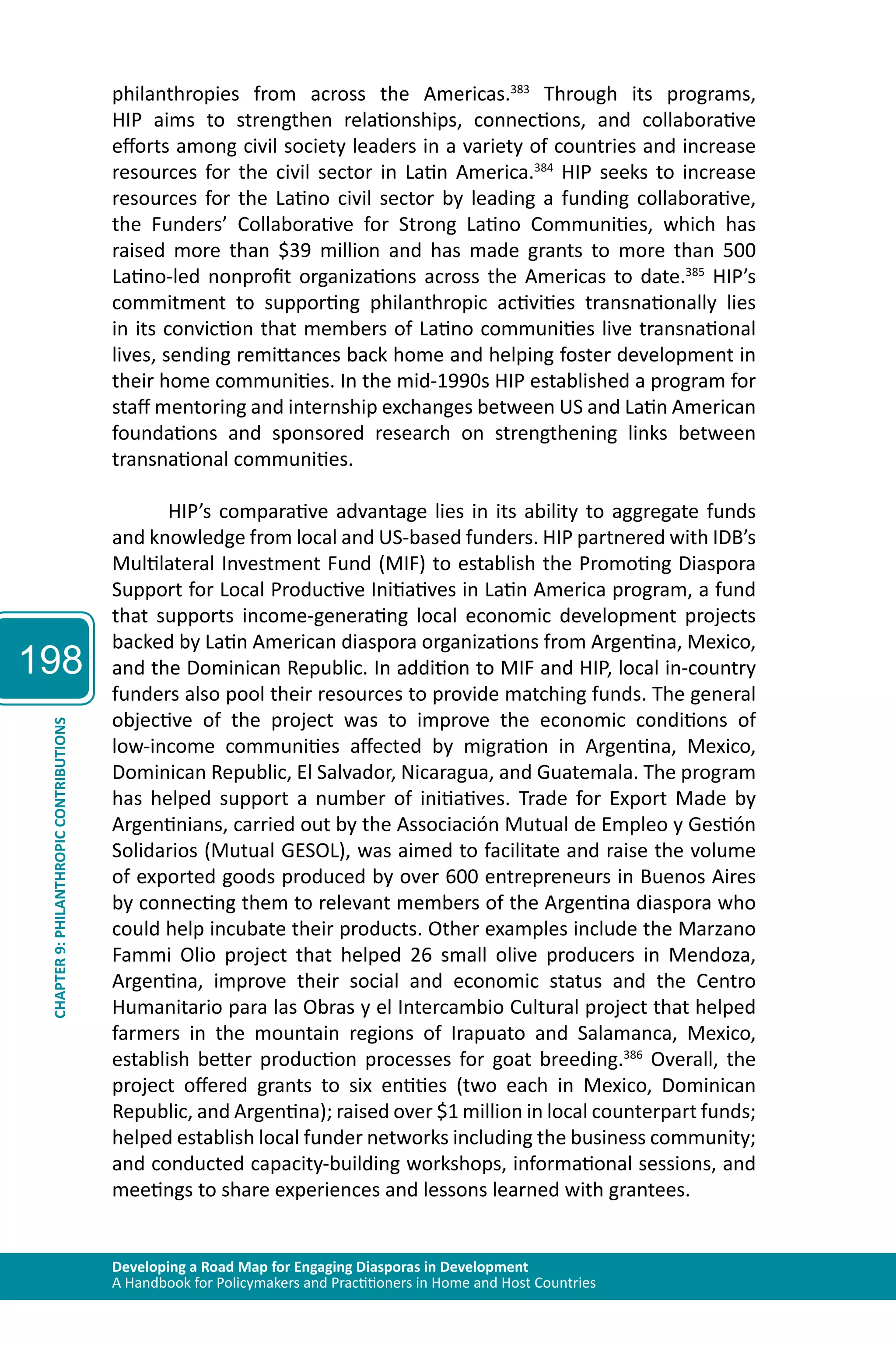 198 
philanthropies from across the Americas.383 Through its programs, 
HIP aims to strengthen relationships, connections, and collaborative 
efforts among civil society leaders in a variety of countries and increase 
resources for the civil sector in Latin America.384 HIP seeks to increase 
resources for the Latino civil sector by leading a funding collaborative, 
the Funders’ Collaborative for Strong Latino Communities, which has 
raised more than $39 million and has made grants to more than 500 
Latino-led nonprofit organizations across the Americas to date.385 HIP’s 
commitment to supporting philanthropic activities transnationally lies 
in its conviction that members of Latino communities live transnational 
lives, sending remittances back home and helping foster development in 
their home communities. In the mid-1990s HIP established a program for 
staff mentoring and internship exchanges between US and Latin American 
foundations and sponsored research on strengthening links between 
transnational communities. 
HIP’s comparative advantage lies in its ability to aggregate funds 
and knowledge from local and US-based funders. HIP partnered with IDB’s 
Multilateral Investment Fund (MIF) to establish the Promoting Diaspora 
Support for Local Productive Initiatives in Latin America program, a fund 
that supports income-generating local economic development projects 
backed by Latin American diaspora organizations from Argentina, Mexico, 
and the Dominican Republic. In addition to MIF and HIP, local in-country 
funders also pool their resources to provide matching funds. The general 
objective of the project was to improve the economic conditions of 
low-income communities affected by migration in Argentina, Mexico, 
Dominican Republic, El Salvador, Nicaragua, and Guatemala. The program 
has helped support a number of initiatives. Trade for Export Made by 
Argentinians, carried out by the Associación Mutual de Empleo y Gestión 
Solidarios (Mutual GESOL), was aimed to facilitate and raise the volume 
of exported goods produced by over 600 entrepreneurs in Buenos Aires 
by connecting them to relevant members of the Argentina diaspora who 
could help incubate their products. Other examples include the Marzano 
Fammi Olio project that helped 26 small olive producers in Mendoza, 
Argentina, improve their social and economic status and the Centro 
Humanitario para las Obras y el Intercambio Cultural project that helped 
farmers in the mountain regions of Irapuato and Salamanca, Mexico, 
establish better production processes for goat breeding.386 Overall, the 
project offered grants to six entities (two each in Mexico, Dominican 
Republic, and Argentina); raised over $1 million in local counterpart funds; 
helped establish local funder networks including the business community; 
and conducted capacity-building workshops, informational sessions, and 
meetings to share experiences and lessons learned with grantees. 
Developing a Road Map for Engaging Diasporas in Development 
A Handbook for Policymakers and Practitioners in Home and Host Countries CHAPTER 9: PHILANTHROPIC CONTRIBUTIONS 
 