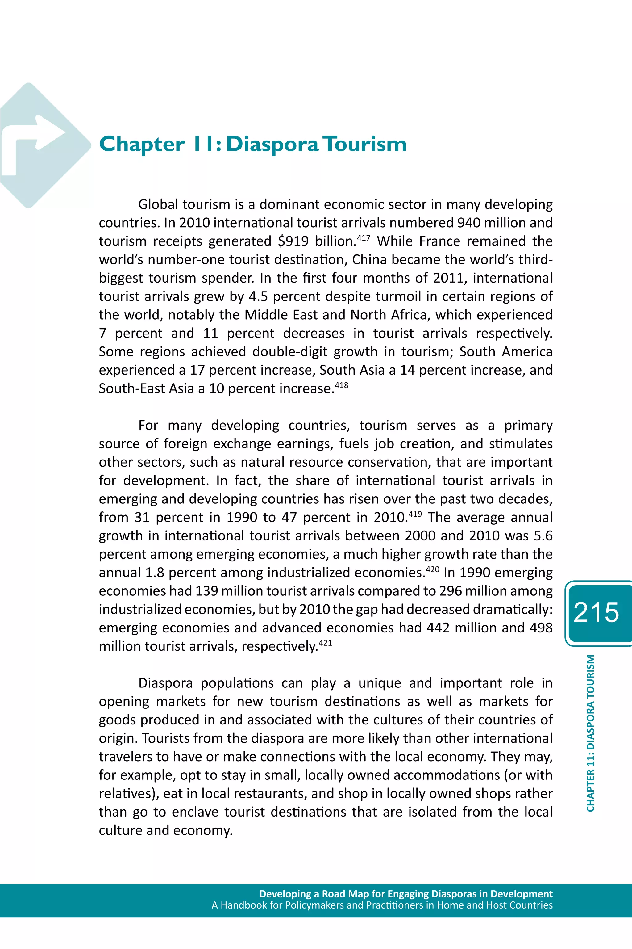 Developing a Road Map for Engaging Diasporas in Development 
A Handbook for Policymakers and Practitioners in Home and Host Countries 
215 
CHAPTER 11: DIASPORA TOURISM 
Chapter 11: Diaspora Tourism 
Global tourism is a dominant economic sector in many developing 
countries. In 2010 international tourist arrivals numbered 940 million and 
tourism receipts generated $919 billion.417 While France remained the 
world’s number-one tourist destination, China became the world’s third-biggest 
tourism spender. In the first four months of 2011, international 
tourist arrivals grew by 4.5 percent despite turmoil in certain regions of 
the world, notably the Middle East and North Africa, which experienced 
7 percent and 11 percent decreases in tourist arrivals respectively. 
Some regions achieved double-digit growth in tourism; South America 
experienced a 17 percent increase, South Asia a 14 percent increase, and 
South-East Asia a 10 percent increase.418 
For many developing countries, tourism serves as a primary 
source of foreign exchange earnings, fuels job creation, and stimulates 
other sectors, such as natural resource conservation, that are important 
for development. In fact, the share of international tourist arrivals in 
emerging and developing countries has risen over the past two decades, 
from 31 percent in 1990 to 47 percent in 2010.419 The average annual 
growth in international tourist arrivals between 2000 and 2010 was 5.6 
percent among emerging economies, a much higher growth rate than the 
annual 1.8 percent among industrialized economies.420 In 1990 emerging 
economies had 139 million tourist arrivals compared to 296 million among 
industrialized economies, but by 2010 the gap had decreased dramatically: 
emerging economies and advanced economies had 442 million and 498 
million tourist arrivals, respectively.421 
Diaspora populations can play a unique and important role in 
opening markets for new tourism destinations as well as markets for 
goods produced in and associated with the cultures of their countries of 
origin. Tourists from the diaspora are more likely than other international 
travelers to have or make connections with the local economy. They may, 
for example, opt to stay in small, locally owned accommodations (or with 
relatives), eat in local restaurants, and shop in locally owned shops rather 
than go to enclave tourist destinations that are isolated from the local 
culture and economy. 
 