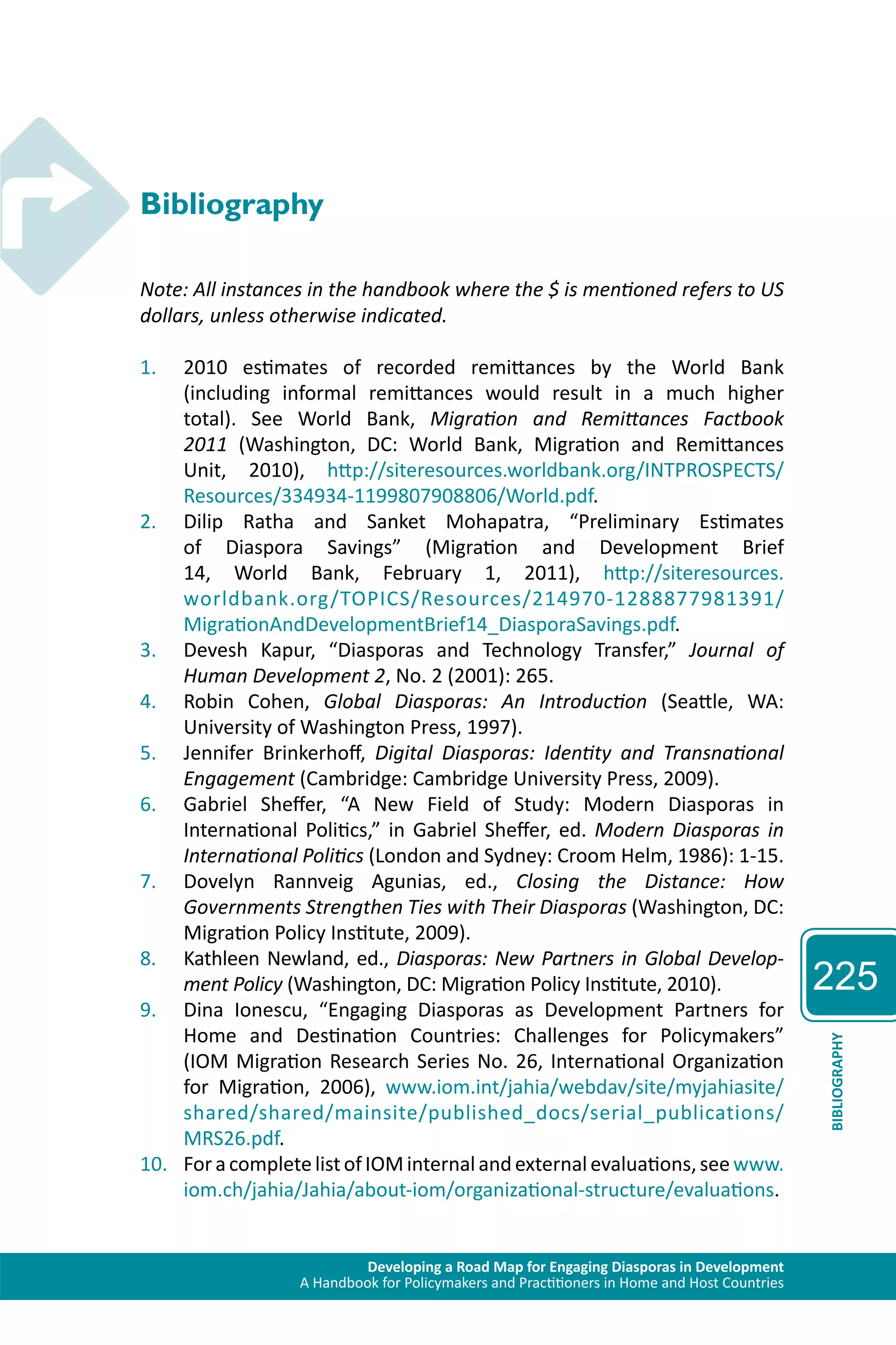 Developing a Road Map for Engaging Diasporas in Development 
A Handbook for Policymakers and Practitioners in Home and Host Countries 
225 
BIBLIOGRAPHY 
Bibliography 
Note: All instances in the handbook where the $ is mentioned refers to US 
dollars, unless otherwise indicated. 
1. 2010 estimates of recorded remittances by the World Bank 
(including informal remittances would result in a much higher 
total). See World Bank, Migration and Remittances Factbook 
2011 (Washington, DC: World Bank, Migration and Remittances 
Unit, 2010), http://siteresources.worldbank.org/INTPROSPECTS/ 
Resources/334934-1199807908806/World.pdf. 
2. Dilip Ratha and Sanket Mohapatra, “Preliminary Estimates 
of Diaspora Savings” (Migration and Development Brief 
14, World Bank, February 1, 2011), http://siteresources. 
worldbank.org /TOPICS/Resources/214970-1288877981391/ 
MigrationAndDevelopmentBrief14_DiasporaSavings.pdf. 
3. Devesh Kapur, “Diasporas and Technology Transfer,” Journal of 
Human Development 2, No. 2 (2001): 265. 
4. Robin Cohen, Global Diasporas: An Introduction (Seattle, WA: 
University of Washington Press, 1997). 
5. Jennifer Brinkerhoff, Digital Diasporas: Identity and Transnational 
Engagement (Cambridge: Cambridge University Press, 2009). 
6. Gabriel Sheffer, “A New Field of Study: Modern Diasporas in 
International Politics,” in Gabriel Sheffer, ed. Modern Diasporas in 
International Politics (London and Sydney: Croom Helm, 1986): 1-15. 
7. Dovelyn Rannveig Agunias, ed., Closing the Distance: How 
Governments Strengthen Ties with Their Diasporas (Washington, DC: 
Migration Policy Institute, 2009). 
8. Kathleen Newland, ed., Diasporas: New Partners in Global Develop-ment 
Policy (Washington, DC: Migration Policy Institute, 2010). 
9. Dina Ionescu, “Engaging Diasporas as Development Partners for 
Home and Destination Countries: Challenges for Policymakers” 
(IOM Migration Research Series No. 26, International Organization 
for Migration, 2006), www.iom.int/jahia/webdav/site/myjahiasite/ 
shared/shared/mainsite/published_docs/serial_publications/ 
MRS26.pdf. 
10. For a complete list of IOM internal and external evaluations, see www. 
iom.ch/jahia/Jahia/about-iom/organizational-structure/evaluations. 
 