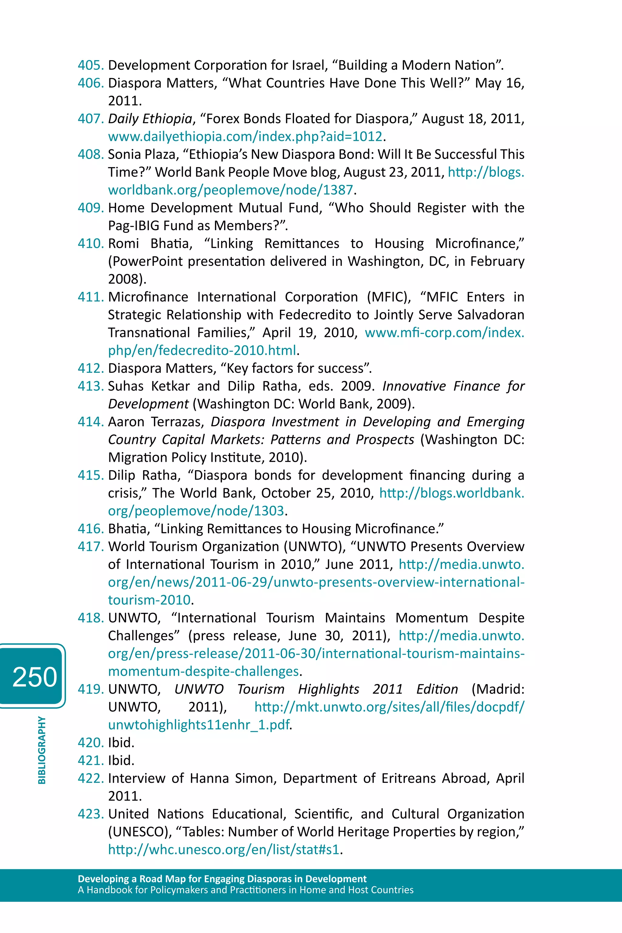 250 
405. Development Corporation for Israel, “Building a Modern Nation”. 
406. Diaspora Matters, “What Countries Have Done This Well?” May 16, 
2011. 
407. Daily Ethiopia, “Forex Bonds Floated for Diaspora,” August 18, 2011, 
www.dailyethiopia.com/index.php?aid=1012. 
408. Sonia Plaza, “Ethiopia’s New Diaspora Bond: Will It Be Successful This 
Time?” World Bank People Move blog, August 23, 2011, http://blogs. 
worldbank.org/peoplemove/node/1387. 
409. Home Development Mutual Fund, “Who Should Register with the 
Pag-IBIG Fund as Members?”. 
410. Romi Bhatia, “Linking Remittances to Housing Microfinance,” 
(PowerPoint presentation delivered in Washington, DC, in February 
2008). 
411. Microfinance International Corporation (MFIC), “MFIC Enters in 
Strategic Relationship with Fedecredito to Jointly Serve Salvadoran 
Transnational Families,” April 19, 2010, www.mfi-corp.com/index. 
php/en/fedecredito-2010.html. 
412. Diaspora Matters, “Key factors for success”. 
413. Suhas Ketkar and Dilip Ratha, eds. 2009. Innovative Finance for 
Development (Washington DC: World Bank, 2009). 
414. Aaron Terrazas, Diaspora Investment in Developing and Emerging 
Country Capital Markets: Patterns and Prospects (Washington DC: 
Migration Policy Institute, 2010). 
415. Dilip Ratha, “Diaspora bonds for development financing during a 
crisis,” The World Bank, October 25, 2010, http://blogs.worldbank. 
org/peoplemove/node/1303. 
416. Bhatia, “Linking Remittances to Housing Microfinance.” 
417. World Tourism Organization (UNWTO), “UNWTO Presents Overview 
of International Tourism in 2010,” June 2011, http://media.unwto. 
org/en/news/2011-06-29/unwto-presents-overview-international-tourism- 
2010. 
418. UNWTO, “International Tourism Maintains Momentum Despite 
Challenges” (press release, June 30, 2011), http://media.unwto. 
org/en/press-release/2011-06-30/international-tourism-maintains-momentum- 
despite-challenges. 
419. UNWTO, UNWTO Tourism Highlights 2011 Edition (Madrid: 
UNWTO, 2011), http://mkt.unwto.org/sites/all/files/docpdf/ 
unwtohighlights11enhr_1.pdf. 
Developing a Road Map for Engaging Diasporas in Development 
A Handbook for Policymakers and Practitioners in Home and Host Countries BIBLIOGRAPHY 
420. Ibid. 
421. Ibid. 
422. Interview of Hanna Simon, Department of Eritreans Abroad, April 
2011. 
423. United Nations Educational, Scientific, and Cultural Organization 
(UNESCO), “Tables: Number of World Heritage Properties by region,” 
http://whc.unesco.org/en/list/stat#s1. 
 