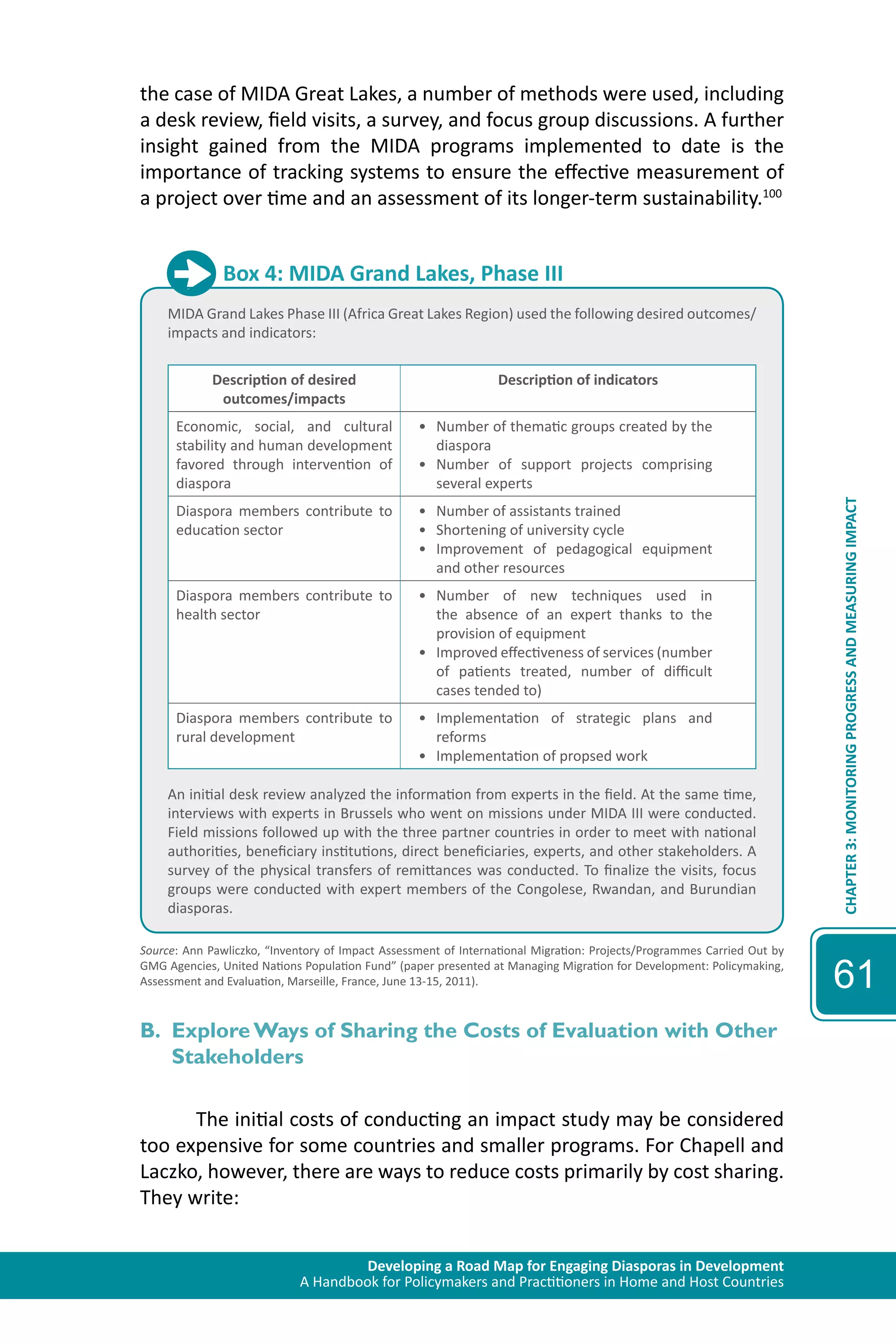 Developing a Road Map for Engaging Diasporas in Development 
A Handbook for Policymakers and Practitioners in Home and Host Countries 
CHAPTER 3: MONITORING PROGRESS AND MEASURING IMPACT 
61 
the case of MIDA Great Lakes, a number of methods were used, including 
a desk review, field visits, a survey, and focus group discussions. A further 
insight gained from the MIDA programs implemented to date is the 
importance of tracking systems to ensure the effective measurement of 
a project over time and an assessment of its longer-term sustainability.100 
Box 4: MIDA Grand Lakes, Phase III 
MIDA Grand Lakes Phase III (Africa Great Lakes Region) used the following desired outcomes/ 
impacts and indicators: 
Description of desired 
outcomes/impacts 
Description of indicators 
Economic, social, and cultural 
stability and human development 
favored through intervention of 
diaspora 
• Number of thematic groups created by the 
diaspora 
• Number of support projects comprising 
several experts 
Diaspora members contribute to 
education sector 
• Number of assistants trained 
• Shortening of university cycle 
• Improvement of pedagogical equipment 
and other resources 
Diaspora members contribute to 
health sector 
• Number of new techniques used in 
the absence of an expert thanks to the 
provision of equipment 
• Improved effectiveness of services (number 
of patients treated, number of difficult 
cases tended to) 
Diaspora members contribute to 
rural development 
• Implementation of strategic plans and 
reforms 
• Implementation of propsed work 
An initial desk review analyzed the information from experts in the field. At the same time, 
interviews with experts in Brussels who went on missions under MIDA III were conducted. 
Field missions followed up with the three partner countries in order to meet with national 
authorities, beneficiary institutions, direct beneficiaries, experts, and other stakeholders. A 
survey of the physical transfers of remittances was conducted. To finalize the visits, focus 
groups were conducted with expert members of the Congolese, Rwandan, and Burundian 
diasporas. 
Source: Ann Pawliczko, “Inventory of Impact Assessment of International Migration: Projects/Programmes Carried Out by 
GMG Agencies, United Nations Population Fund” (paper presented at Managing Migration for Development: Policymaking, 
Assessment and Evaluation, Marseille, France, June 13-15, 2011). 
B. Explore Ways of Sharing the Costs of Evaluation with Other 
Stakeholders 
The initial costs of conducting an impact study may be considered 
too expensive for some countries and smaller programs. For Chapell and 
Laczko, however, there are ways to reduce costs primarily by cost sharing. 
They write: 
 