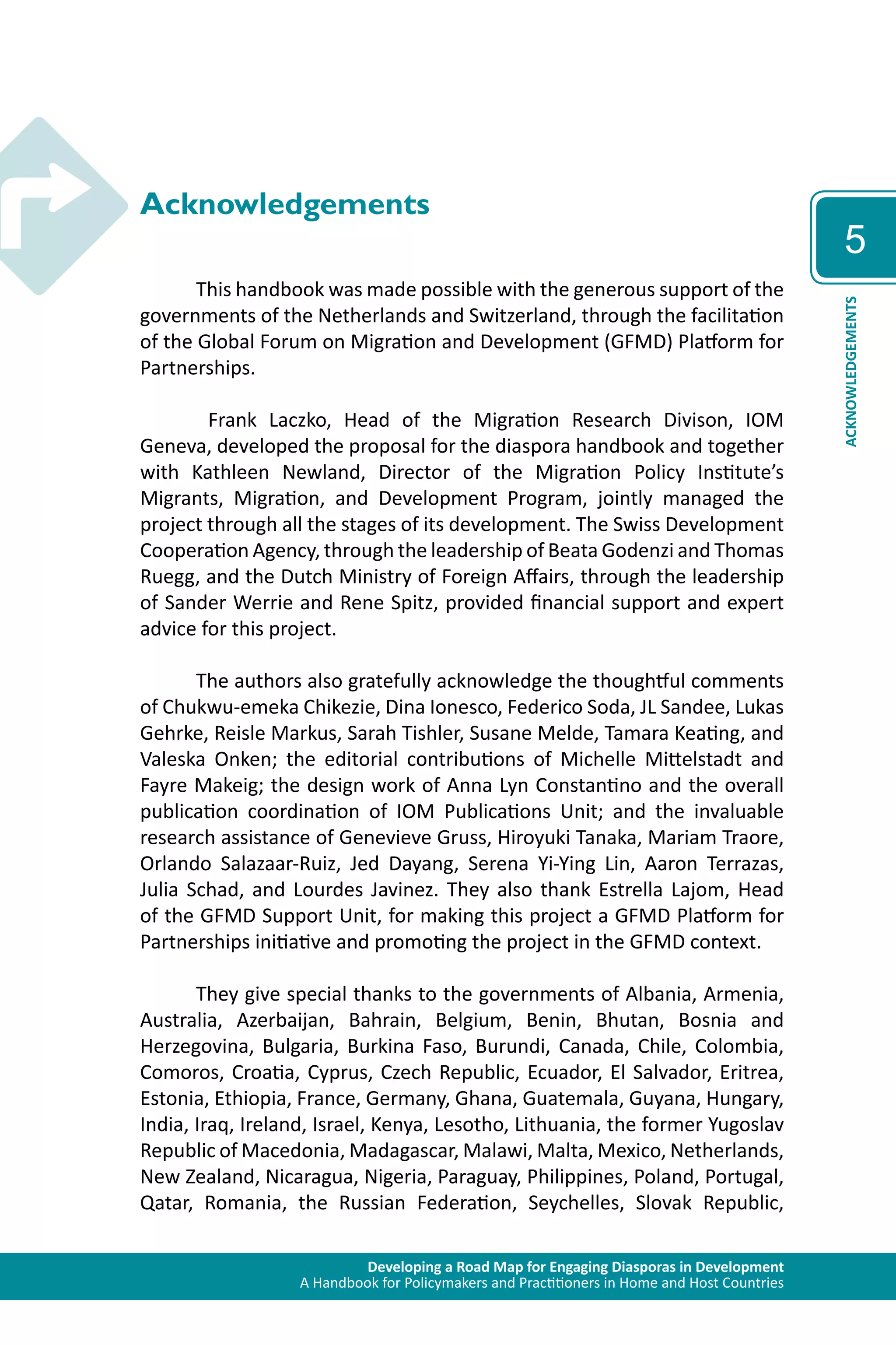 Developing a Road Map for Engaging Diasporas in Development 
A Handbook for Policymakers and Practitioners in Home and Host Countries 
5 
ACKNOWLEDGEMENTS 
Acknowledgements 
This handbook was made possible with the generous support of the 
governments of the Netherlands and Switzerland, through the facilitation 
of the Global Forum on Migration and Development (GFMD) Platform for 
Partnerships. 
Frank Laczko, Head of the Migration Research Divison, IOM 
Geneva, developed the proposal for the diaspora handbook and together 
with Kathleen Newland, Director of the Migration Policy Institute’s 
Migrants, Migration, and Development Program, jointly managed the 
project through all the stages of its development. The Swiss Development 
Cooperation Agency, through the leadership of Beata Godenzi and Thomas 
Ruegg, and the Dutch Ministry of Foreign Affairs, through the leadership 
of Sander Werrie and Rene Spitz, provided financial support and expert 
advice for this project. 
The authors also gratefully acknowledge the thoughtful comments 
of Chukwu-emeka Chikezie, Dina Ionesco, Federico Soda, JL Sandee, Lukas 
Gehrke, Reisle Markus, Sarah Tishler, Susane Melde, Tamara Keating, and 
Valeska Onken; the editorial contributions of Michelle Mittelstadt and 
Fayre Makeig; the design work of Anna Lyn Constantino and the overall 
publication coordination of IOM Publications Unit; and the invaluable 
research assistance of Genevieve Gruss, Hiroyuki Tanaka, Mariam Traore, 
Orlando Salazaar-Ruiz, Jed Dayang, Serena Yi-Ying Lin, Aaron Terrazas, 
Julia Schad, and Lourdes Javinez. They also thank Estrella Lajom, Head 
of the GFMD Support Unit, for making this project a GFMD Platform for 
Partnerships initiative and promoting the project in the GFMD context. 
They give special thanks to the governments of Albania, Armenia, 
Australia, Azerbaijan, Bahrain, Belgium, Benin, Bhutan, Bosnia and 
Herzegovina, Bulgaria, Burkina Faso, Burundi, Canada, Chile, Colombia, 
Comoros, Croatia, Cyprus, Czech Republic, Ecuador, El Salvador, Eritrea, 
Estonia, Ethiopia, France, Germany, Ghana, Guatemala, Guyana, Hungary, 
India, Iraq, Ireland, Israel, Kenya, Lesotho, Lithuania, the former Yugoslav 
Republic of Macedonia, Madagascar, Malawi, Malta, Mexico, Netherlands, 
New Zealand, Nicaragua, Nigeria, Paraguay, Philippines, Poland, Portugal, 
Qatar, Romania, the Russian Federation, Seychelles, Slovak Republic, 
 