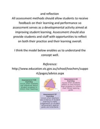 and reflection
All assessment methods should allow students to receive
feedback on their learning and performance so
assessment serves as a developmental activity aimed at
improving student learning. Assessment should also
provide students and staff with opportunities to reflect
on both their practice and their learning overall.
I think the model below enables us to understand the
concept well.
Reference:
http://www.education.vic.gov.au/school/teachers/suppo
rt/pages/advice.aspx
 