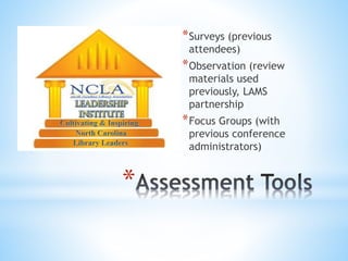 * 
*Surveys (previous 
attendees) 
*Observation (review 
materials used 
previously, LAMS 
partnership 
*Focus Groups (with 
previous conference 
administrators) 
 