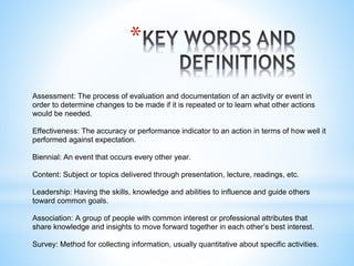 * 
Assessment: The process of evaluation and documentation of an activity or event in 
order to determine changes to be made if it is repeated or to learn what other actions 
would be needed. 
Effectiveness: The accuracy or performance indicator to an action in terms of how well it 
performed against expectation. 
Biennial: An event that occurs every other year. 
Content: Subject or topics delivered through presentation, lecture, readings, etc. 
Leadership: Having the skills, knowledge and abilities to influence and guide others 
toward common goals. 
Association: A group of people with common interest or professional attributes that 
share knowledge and insights to move forward together in each other’s best interest. 
Survey: Method for collecting information, usually quantitative about specific activities. 
 