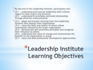 * By the end of the Leadership Institute, participants will: 
* LO 1 – understand and execute leadership skills without 
regard to titles and/or org structure 
LO 2 – understand EI principles and build relationships 
through effective communication 
* LO 3 – adopt and transfer learning from the Leadership 
Institute that impacts their organization 
LO 4 – value the skills and talents of others whose 
contribution influences the larger organization 
LO 5 – demonstrate self-awareness principles and recognize 
their influence on others 
LO 6 – understand the value of change and communicate the 
benefits to the organization or group 
LO 7 – value and seek professional development opportunities 
* 
 