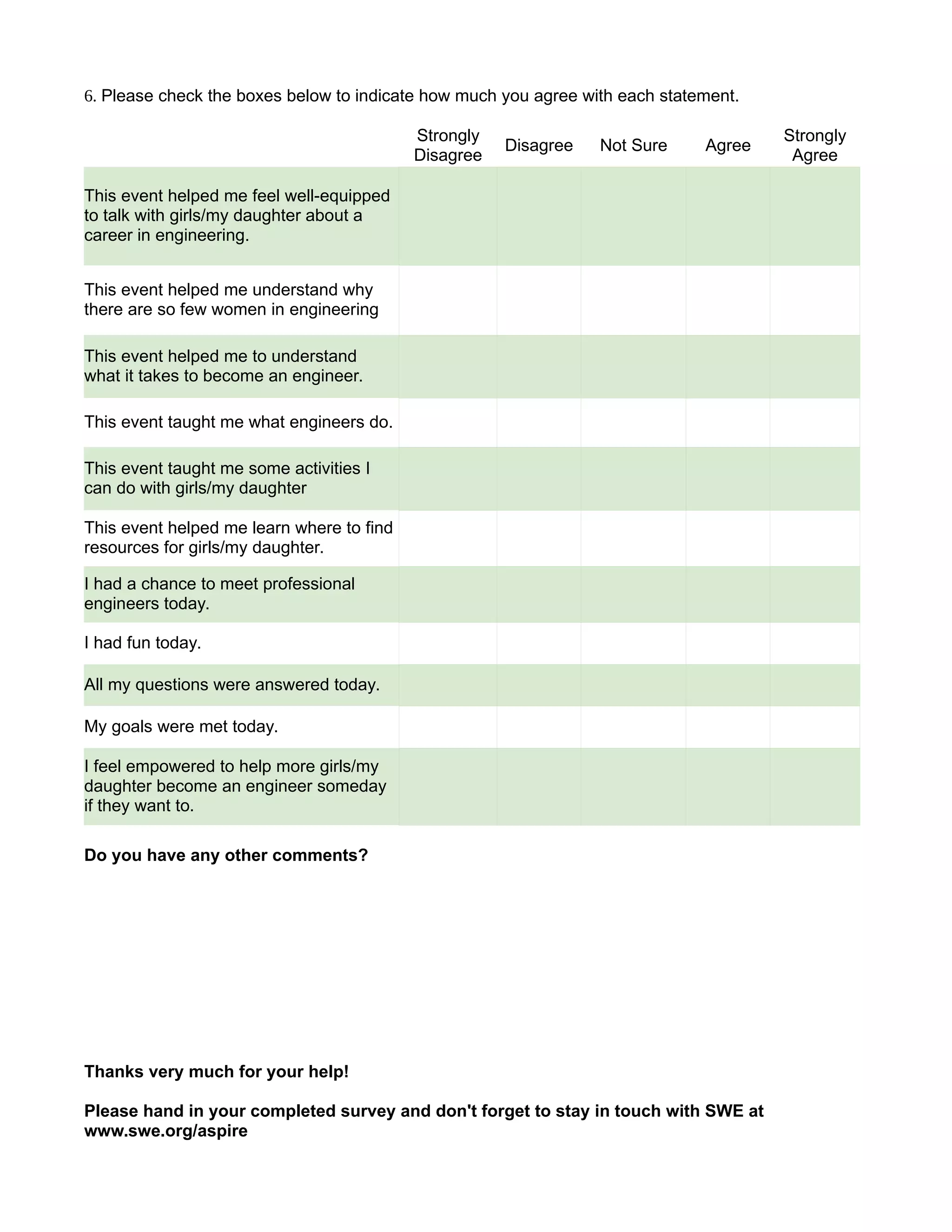 6. Please check the boxes below to indicate how much you agree with each statement.
Strongly
Disagree
Disagree Not Sure Agree
Strongly
Agree
This event helped me feel well-equipped
to talk with girls/my daughter about a
career in engineering.
This event helped me understand why
there are so few women in engineering
This event helped me to understand
what it takes to become an engineer.
This event taught me what engineers do.
This event taught me some activities I
can do with girls/my daughter
This event helped me learn where to find
resources for girls/my daughter.
I had a chance to meet professional
engineers today.
I had fun today.
All my questions were answered today.
My goals were met today.
I feel empowered to help more girls/my
daughter become an engineer someday
if they want to.
Do you have any other comments?
Thanks very much for your help!
Please hand in your completed survey and don't forget to stay in touch with SWE at
www.swe.org/aspire
 